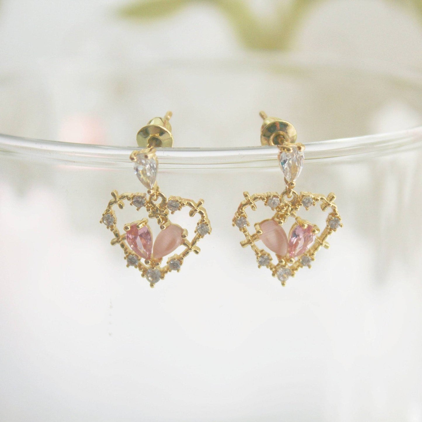 Pink Crystal Heart Earrings - Gold Heart Shape Sterling Silver Studs Earrings-Ninaouity