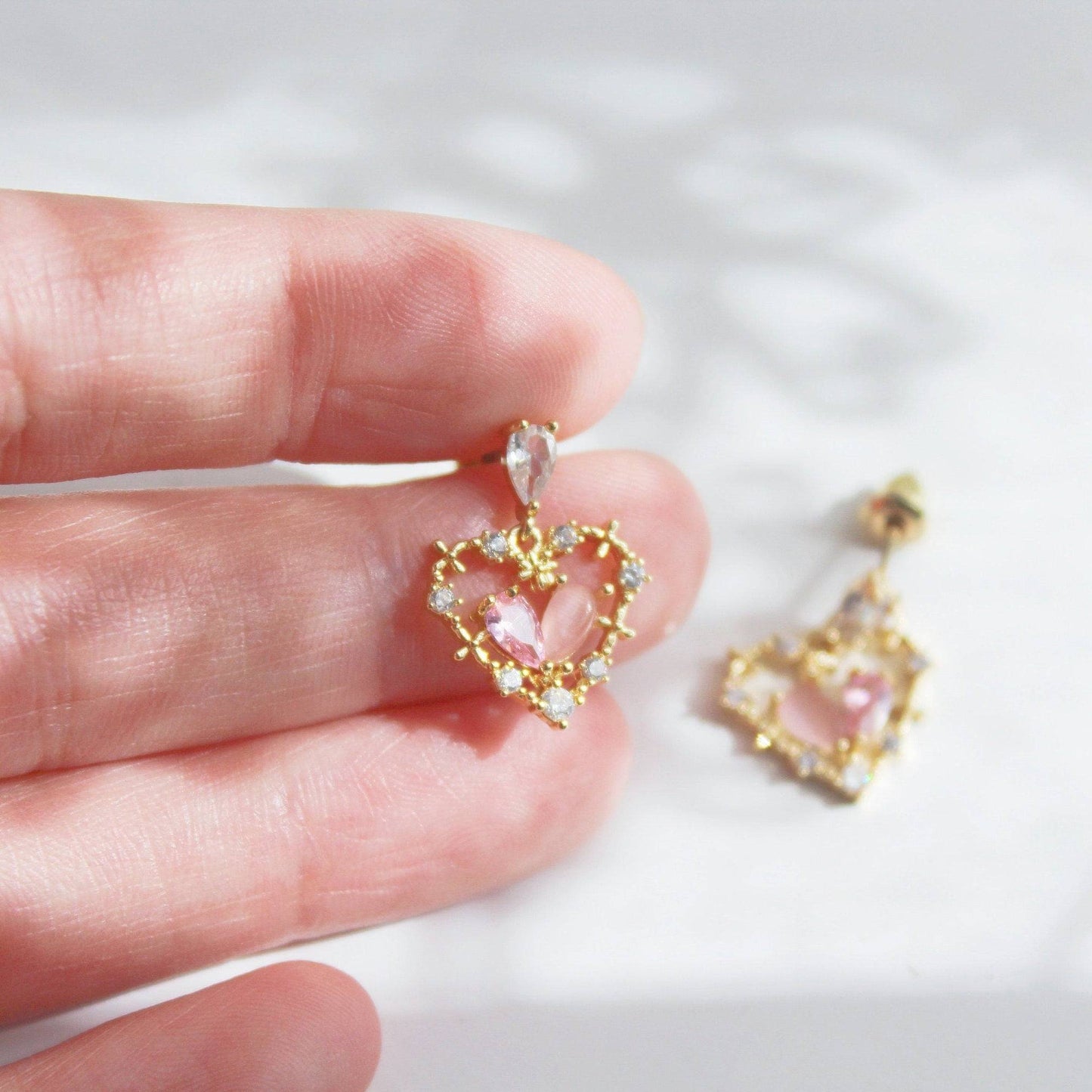 Pink Crystal Heart Earrings - Gold Heart Shape Sterling Silver Studs Earrings-Ninaouity