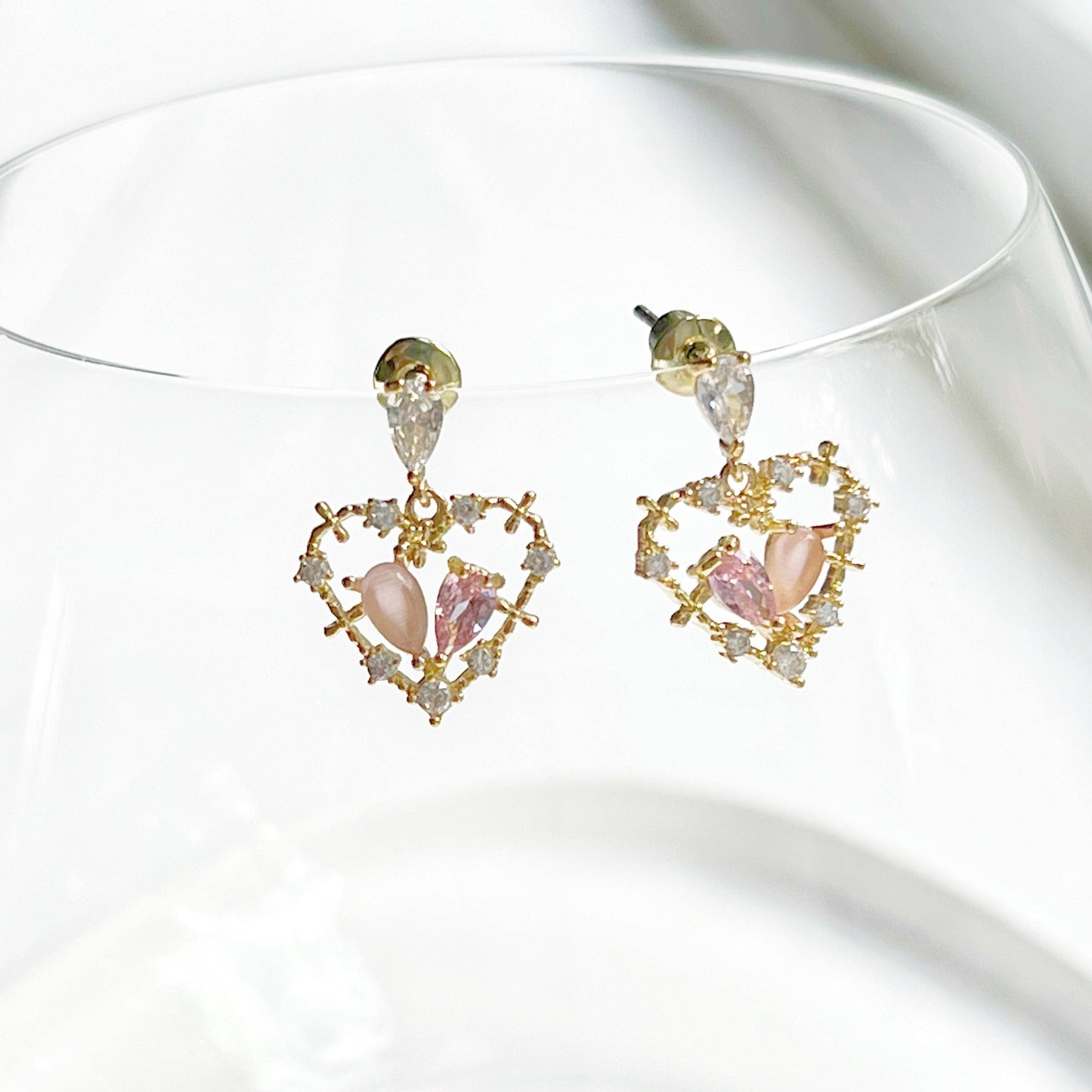 Pink Crystal Heart Earrings - Gold Heart Shape Sterling Silver Studs Earrings-Ninaouity