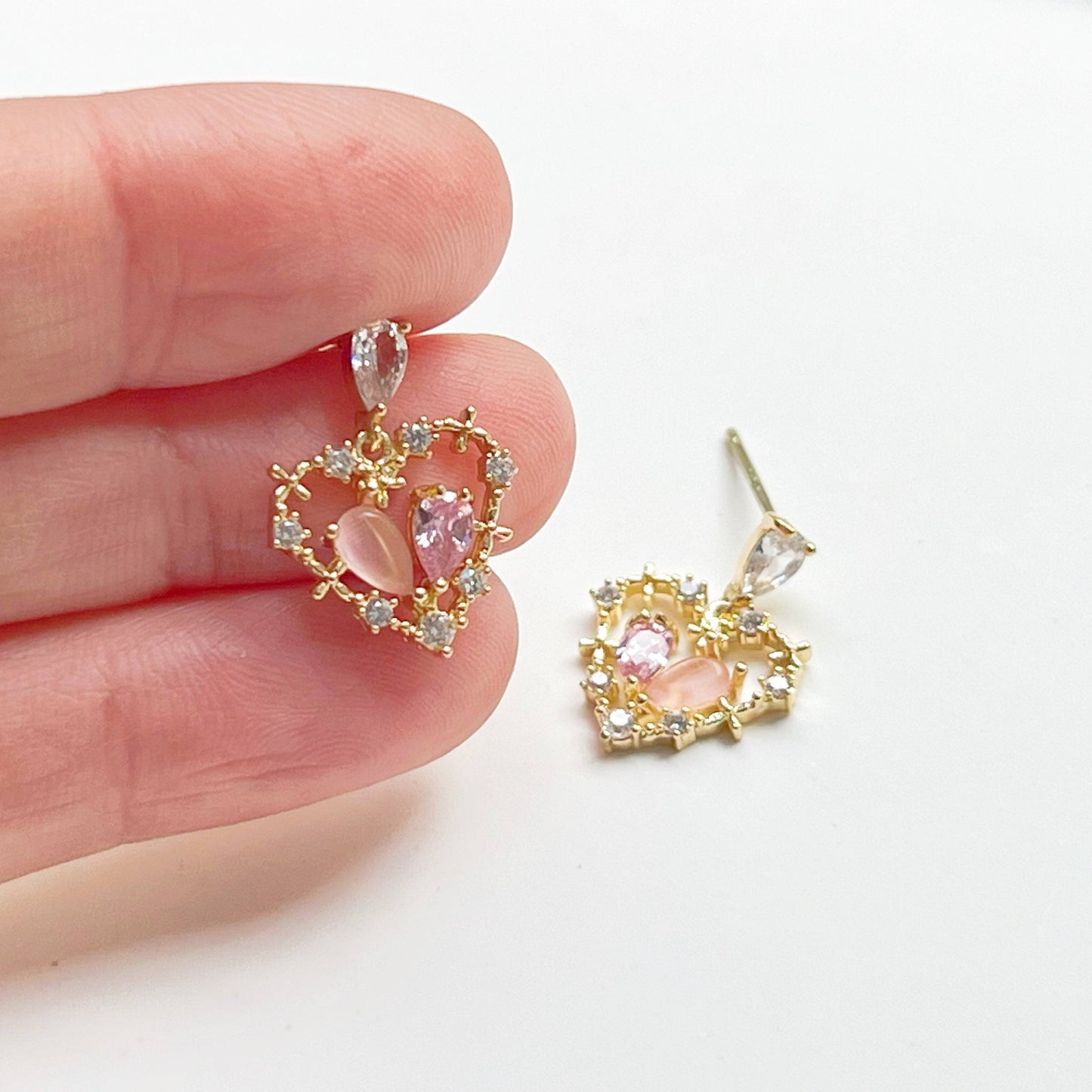Pink Crystal Heart Earrings - Gold Heart Shape Sterling Silver Studs Earrings-Ninaouity