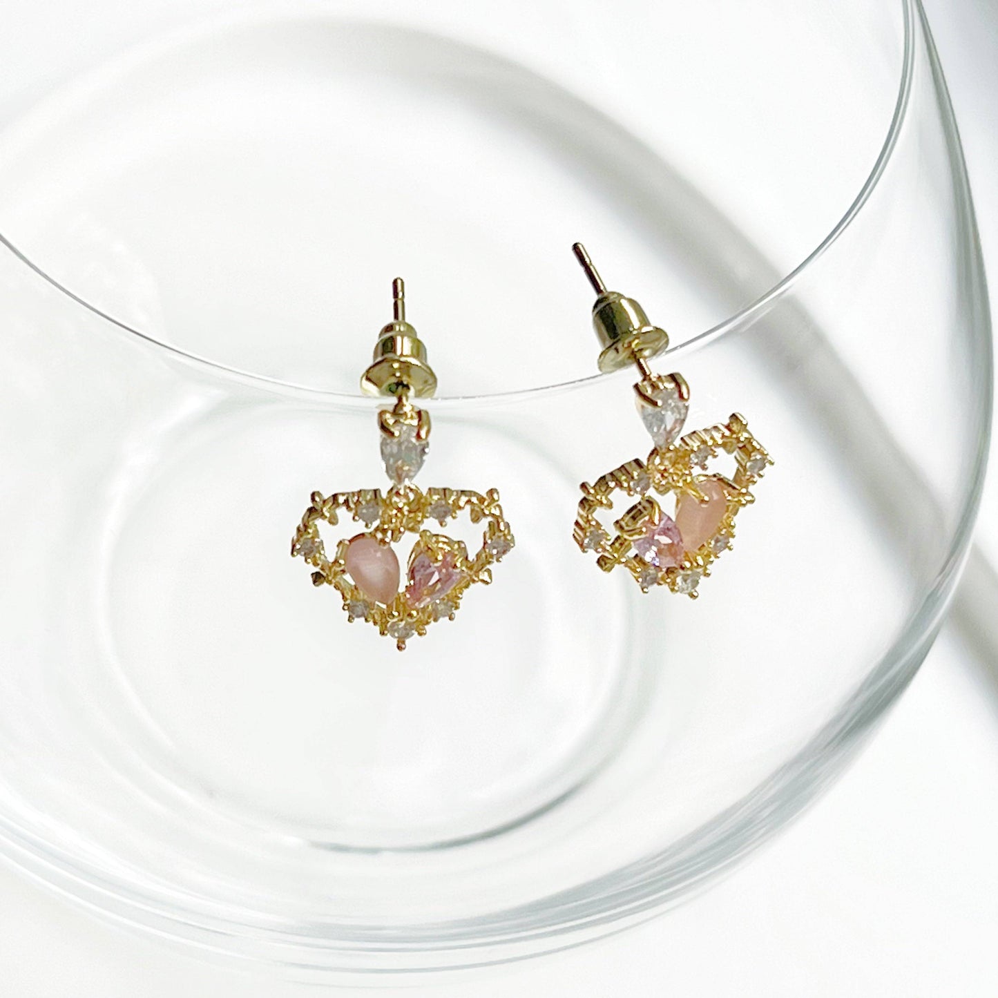 Pink Crystal Heart Earrings - Gold Heart Shape Sterling Silver Studs Earrings-Ninaouity