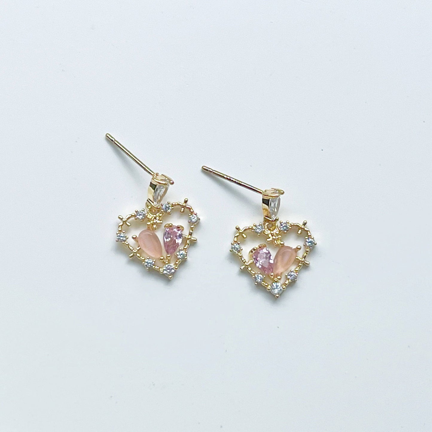 Pink Crystal Heart Earrings - Gold Heart Shape Sterling Silver Studs Earrings-Ninaouity