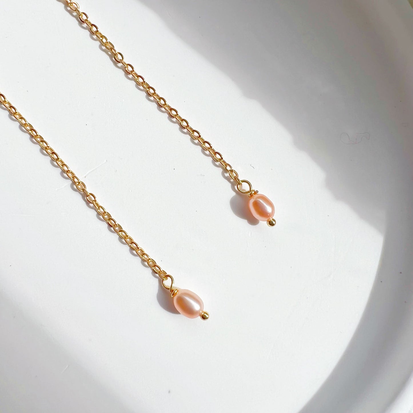 Pink Pearl Long Drop Earrings-Ninaouity