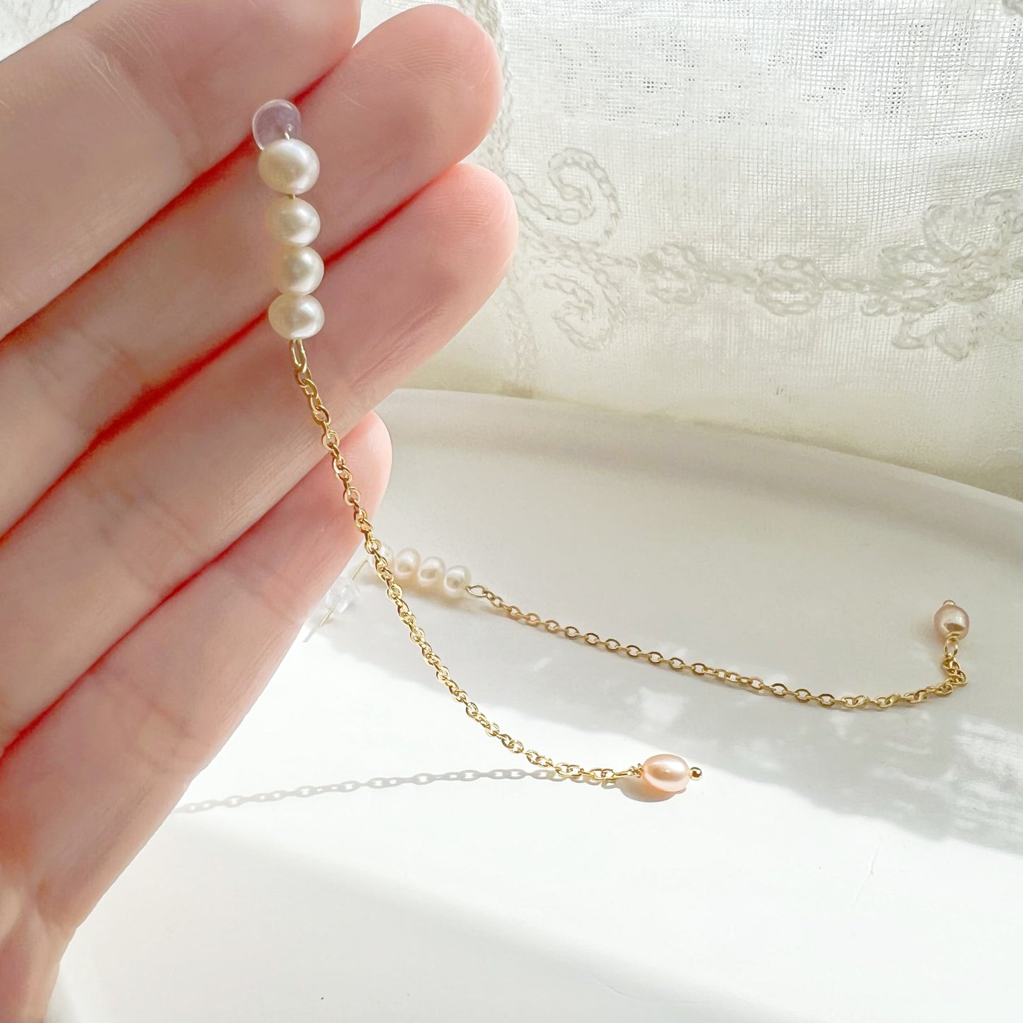 Pink Pearl Long Drop Earrings-Ninaouity