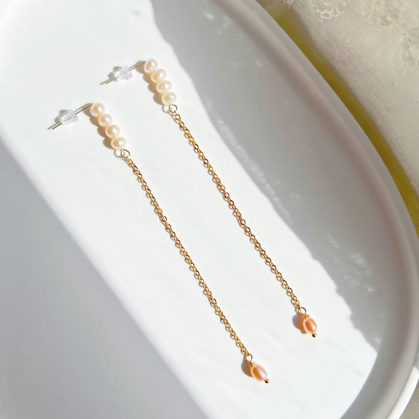 Pink Pearl Long Drop Earrings-Ninaouity