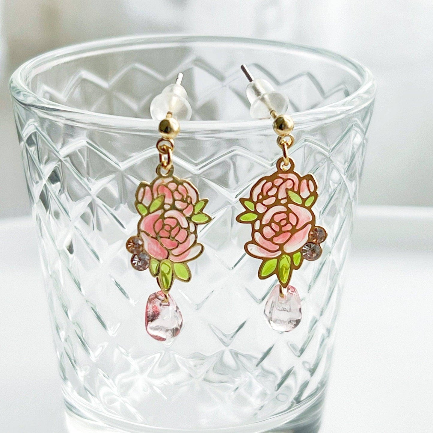 Pink Rose Earrings - Rose Flower with Green Leaves Drop Earrings-Ninaouity