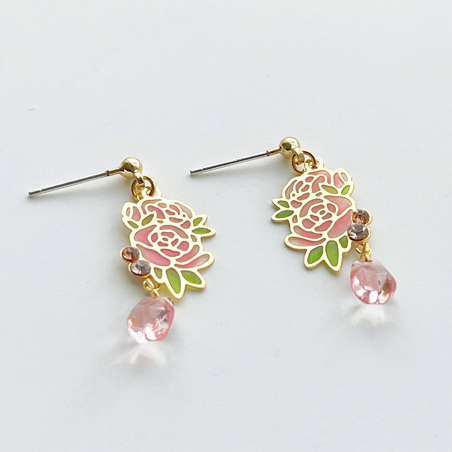 Pink Rose Earrings - Rose Flower with Green Leaves Drop Earrings-Ninaouity