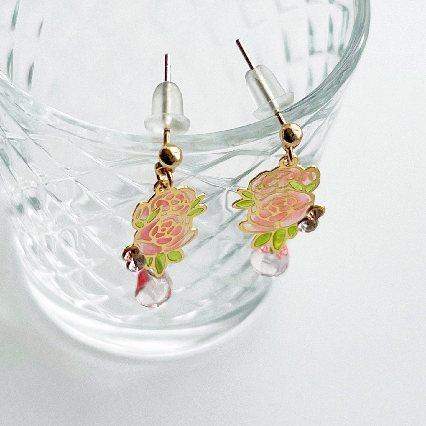 Pink Rose Earrings - Rose Flower with Green Leaves Drop Earrings-Ninaouity