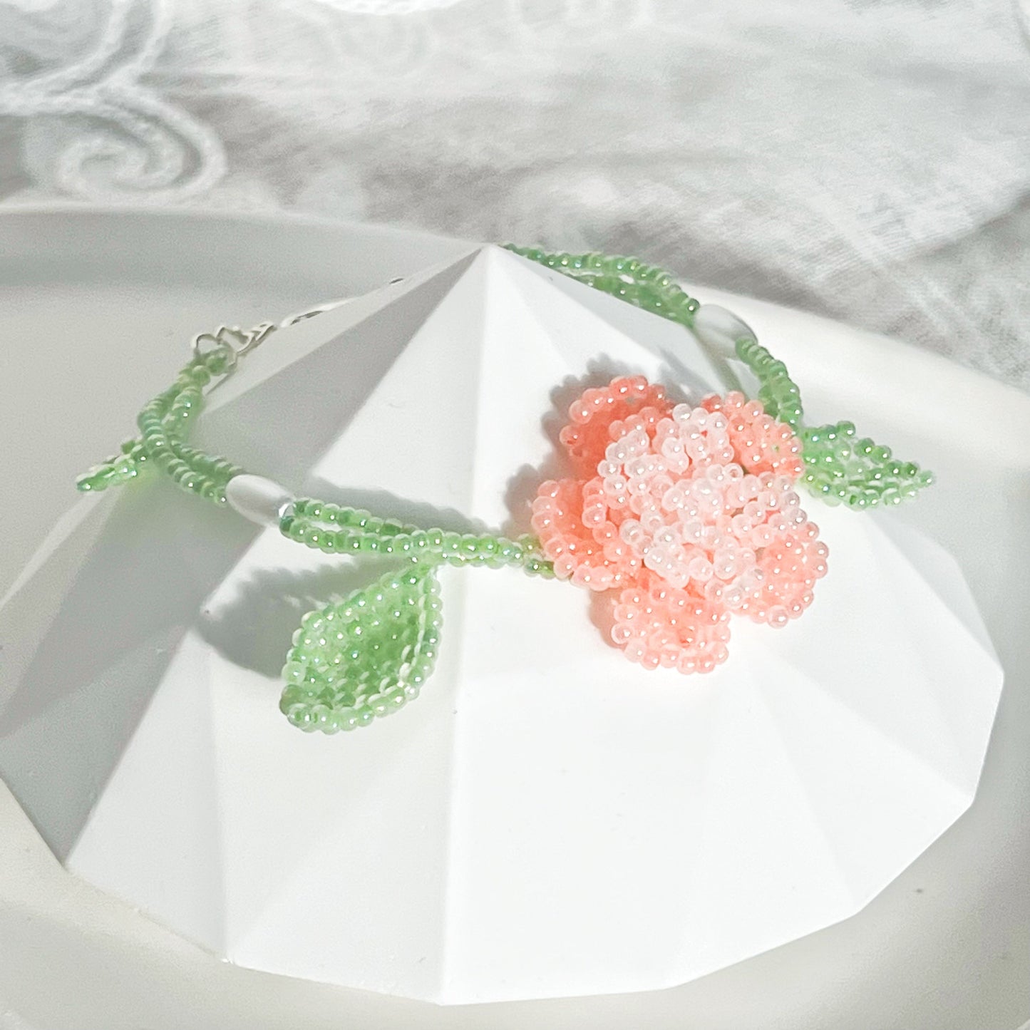Pink Rose Flower Beaded Bracelet-Ninaouity