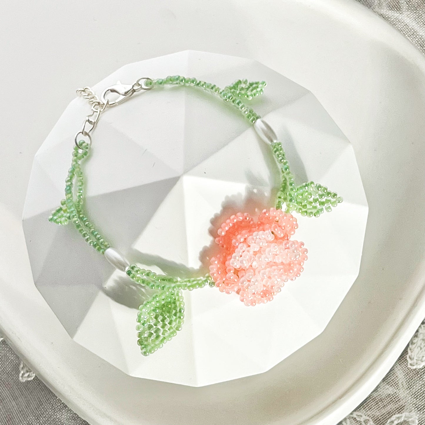 Pink Rose Flower Beaded Bracelet-Ninaouity