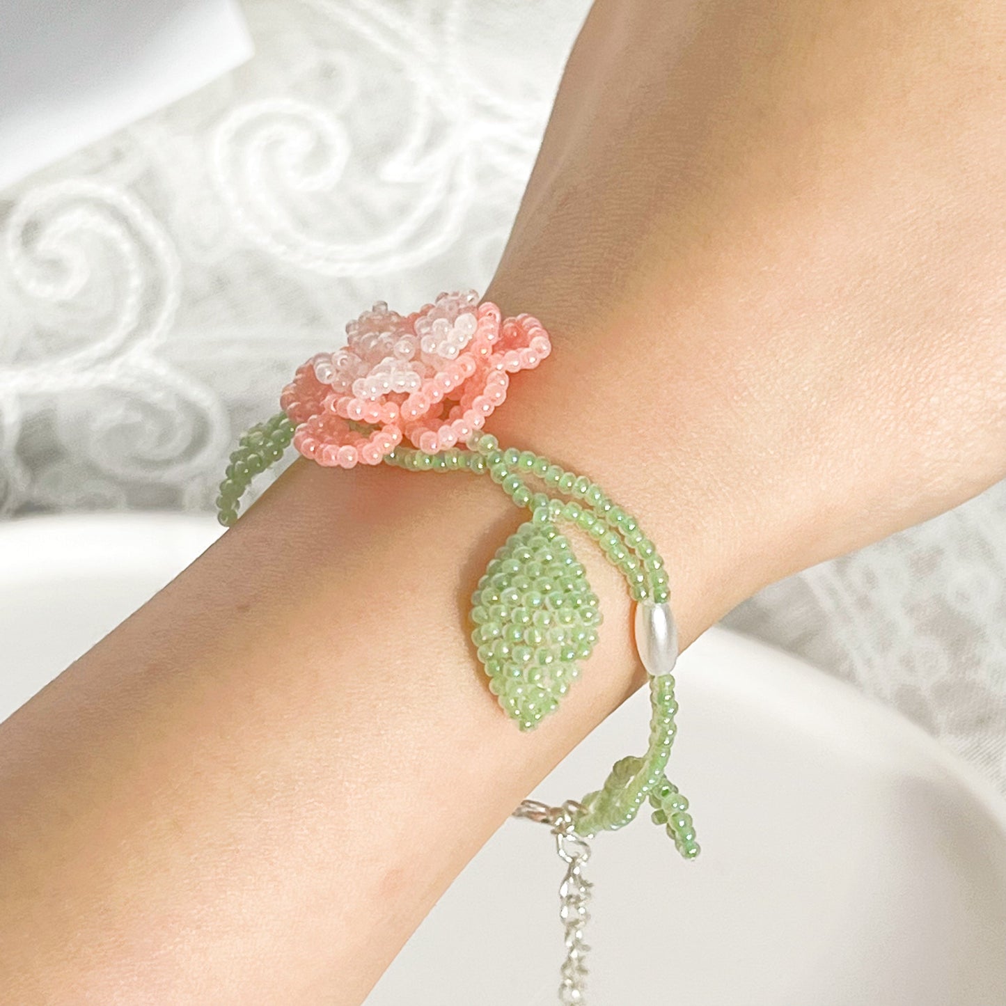 Pink Rose Flower Beaded Bracelet-Ninaouity