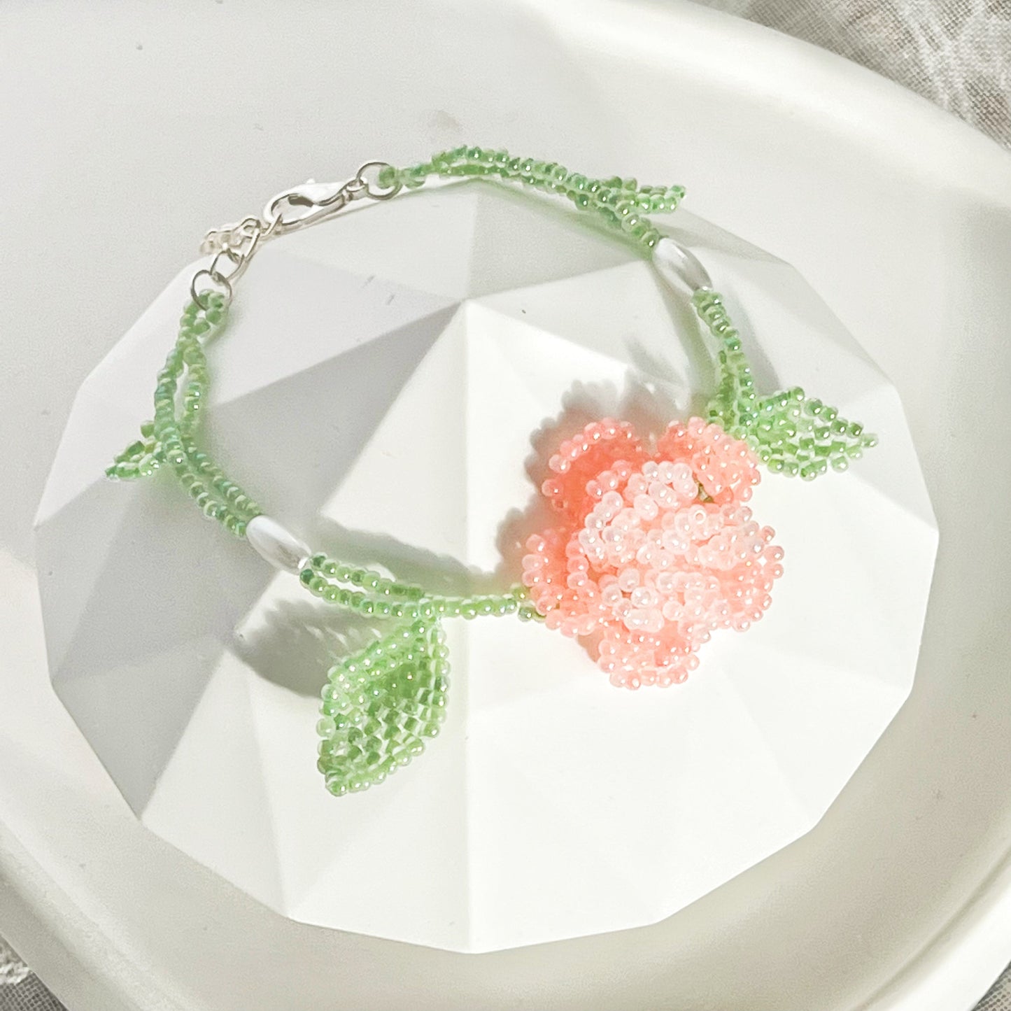 Pink Rose Flower Beaded Bracelet-Ninaouity