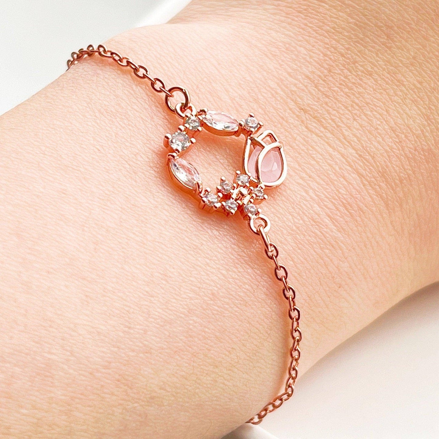 Pink Tulip Bracelet - Flower Shape Crystal Rose Gold Bracelet-Ninaouity