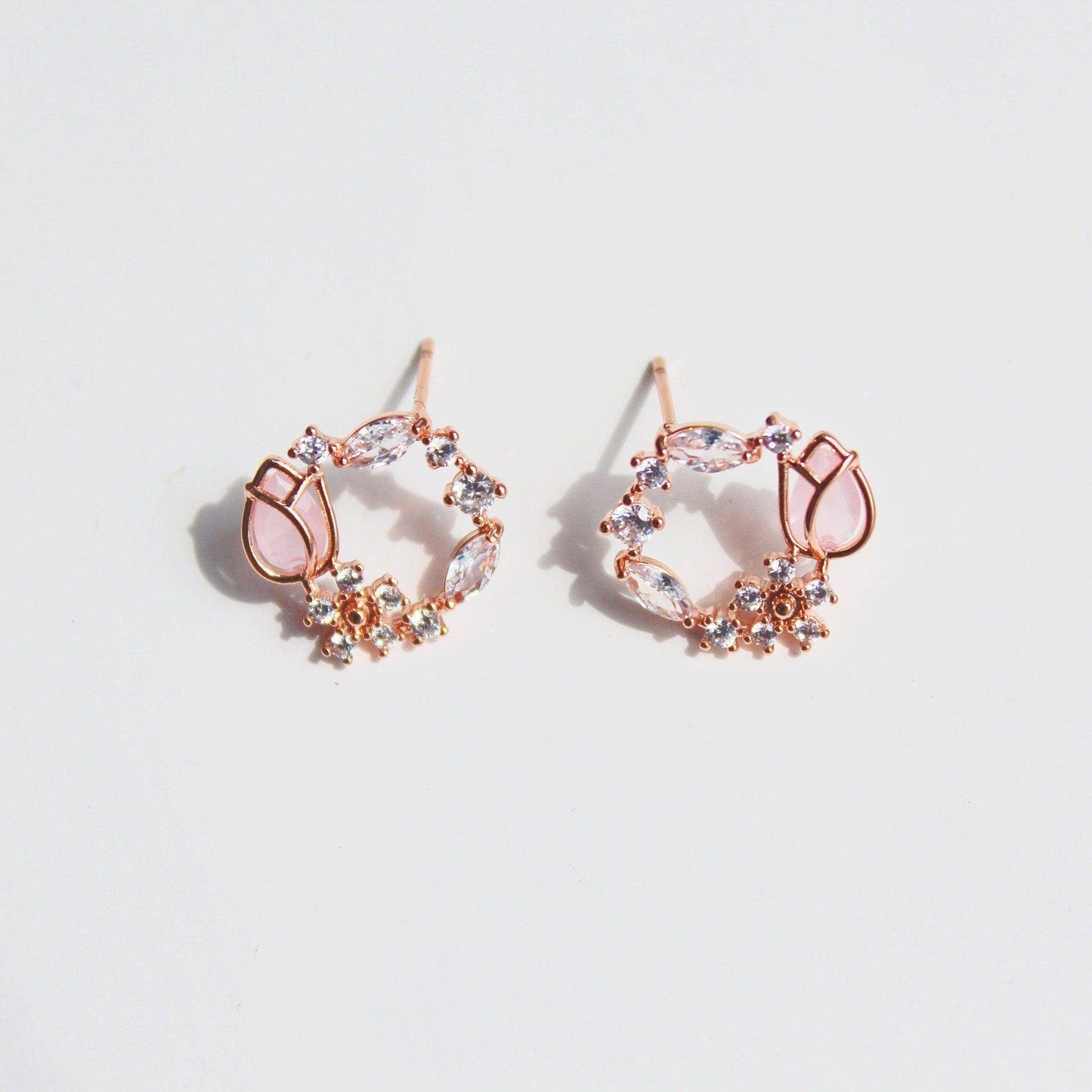 Pink Tulip Earrings - Flower Shape Crystal Rose Gold Studs Earrings-Ninaouity
