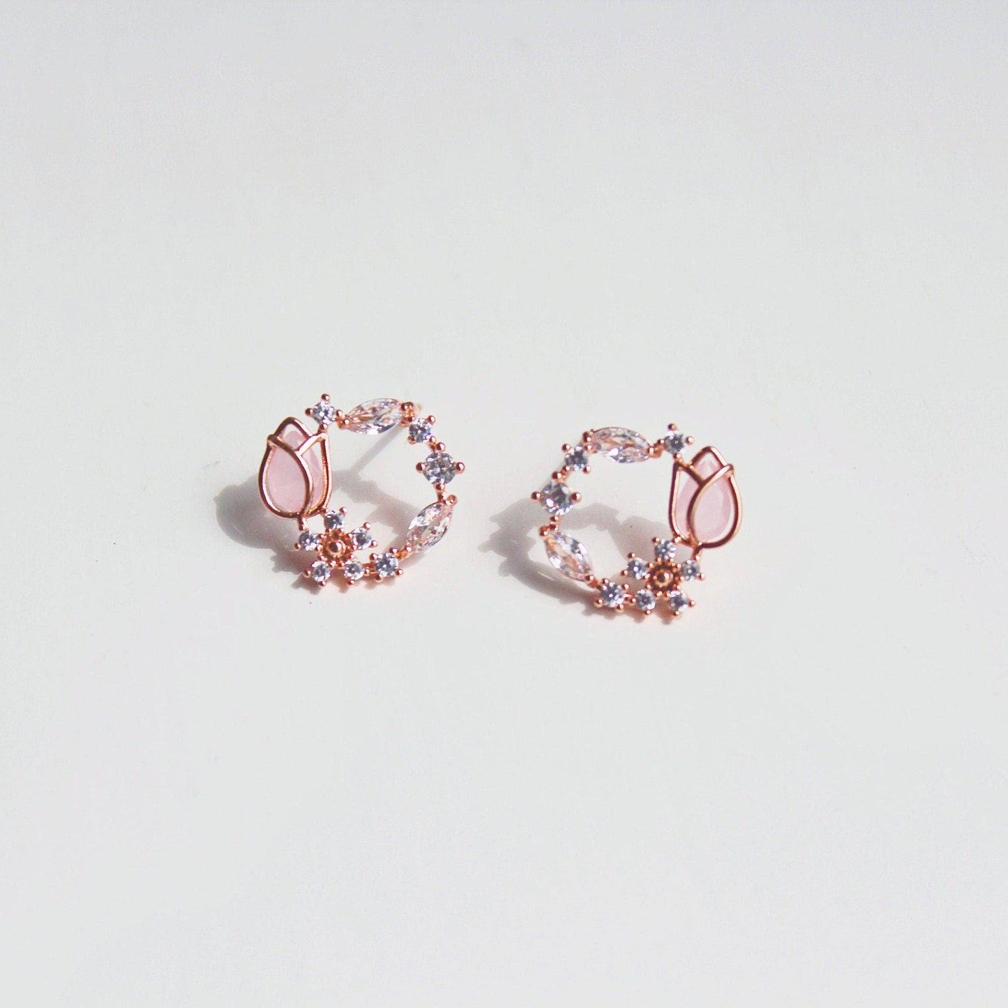 Pink Tulip Earrings - Flower Shape Crystal Rose Gold Studs Earrings-Ninaouity
