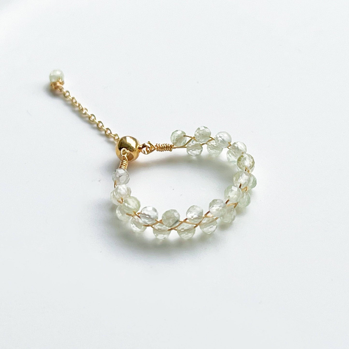 Prehnite Beaded Ring - Light Green Mini Gemstone Adjustable Ring-Ninaouity