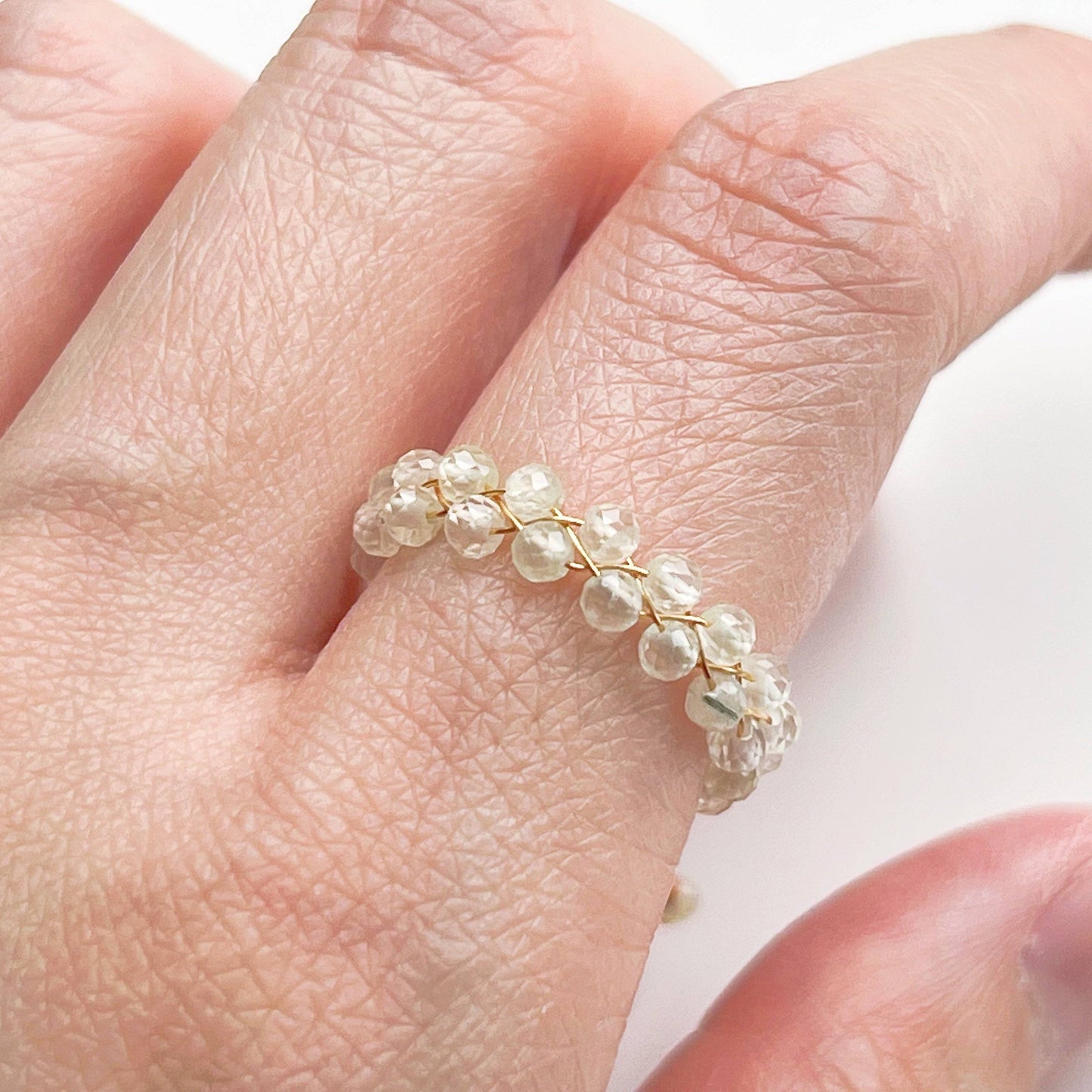 Prehnite Beaded Ring - Light Green Mini Gemstone Adjustable Ring-Ninaouity