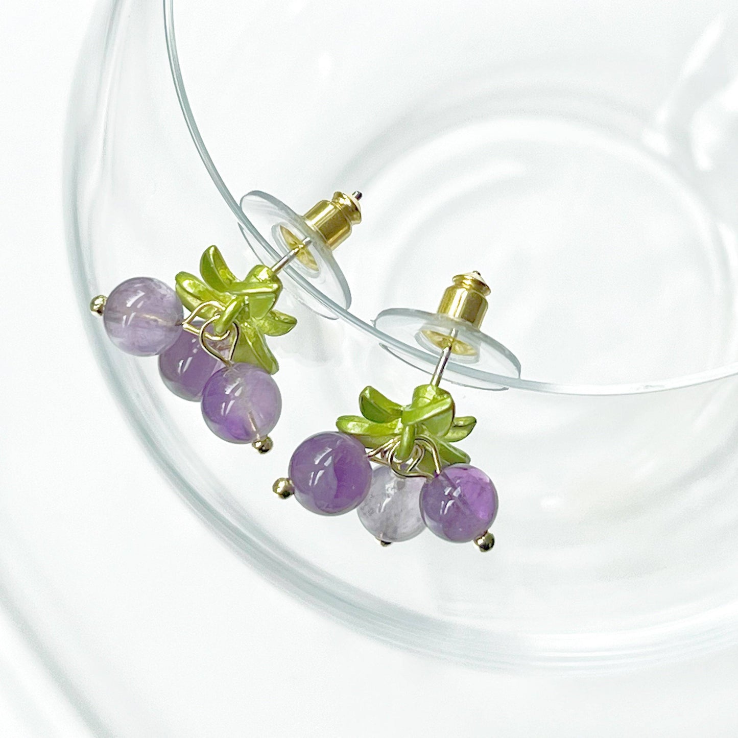 Purple Amethyst Bead Grape with Leaf Earrings-Ninaouity