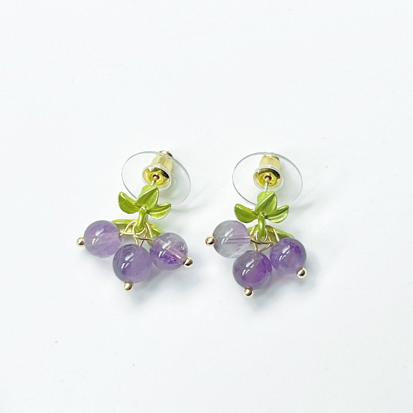 Purple Amethyst Bead Grape with Leaf Earrings-Ninaouity