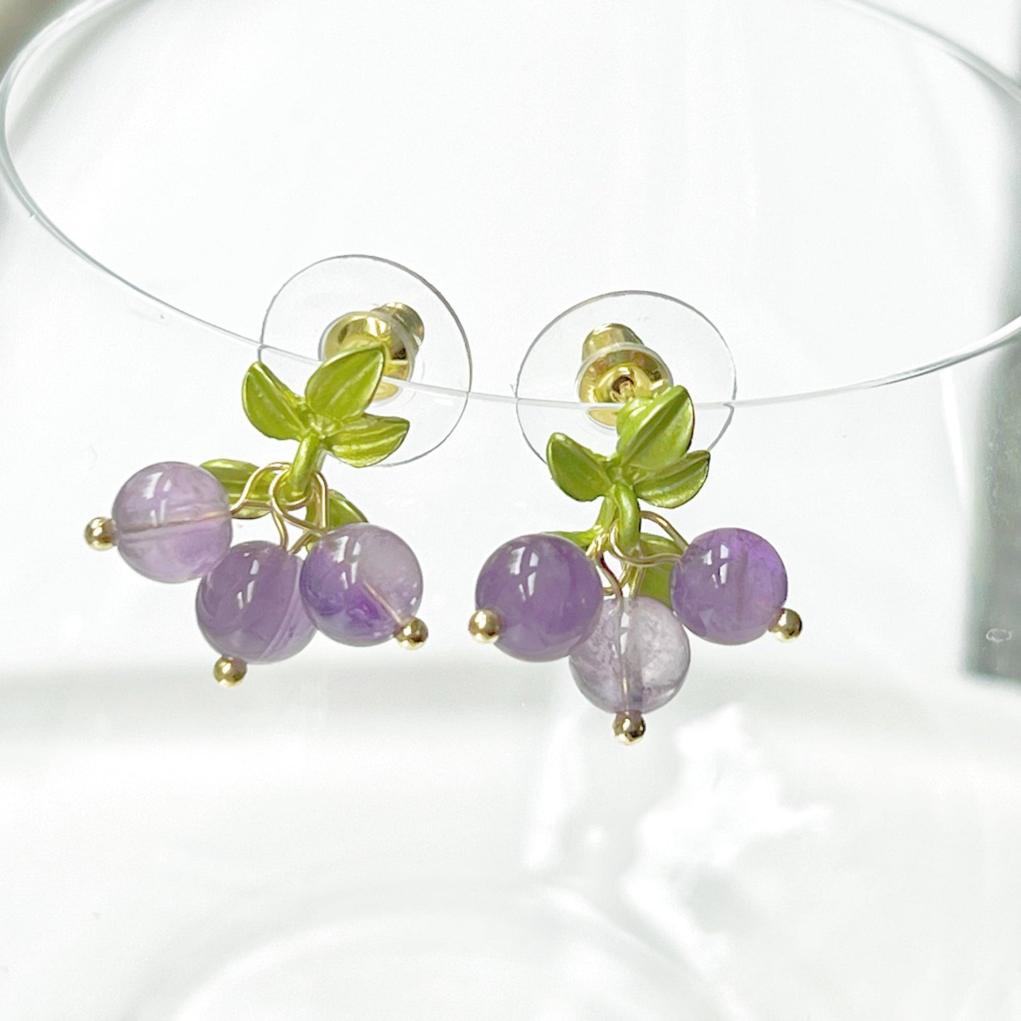 Purple Amethyst Bead Grape with Leaf Earrings-Ninaouity