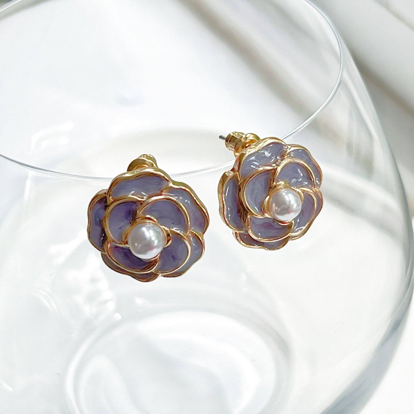 Purple Camellia earrings - Flower Shape with Pearl Sterling Silver Studs-Ninaouity