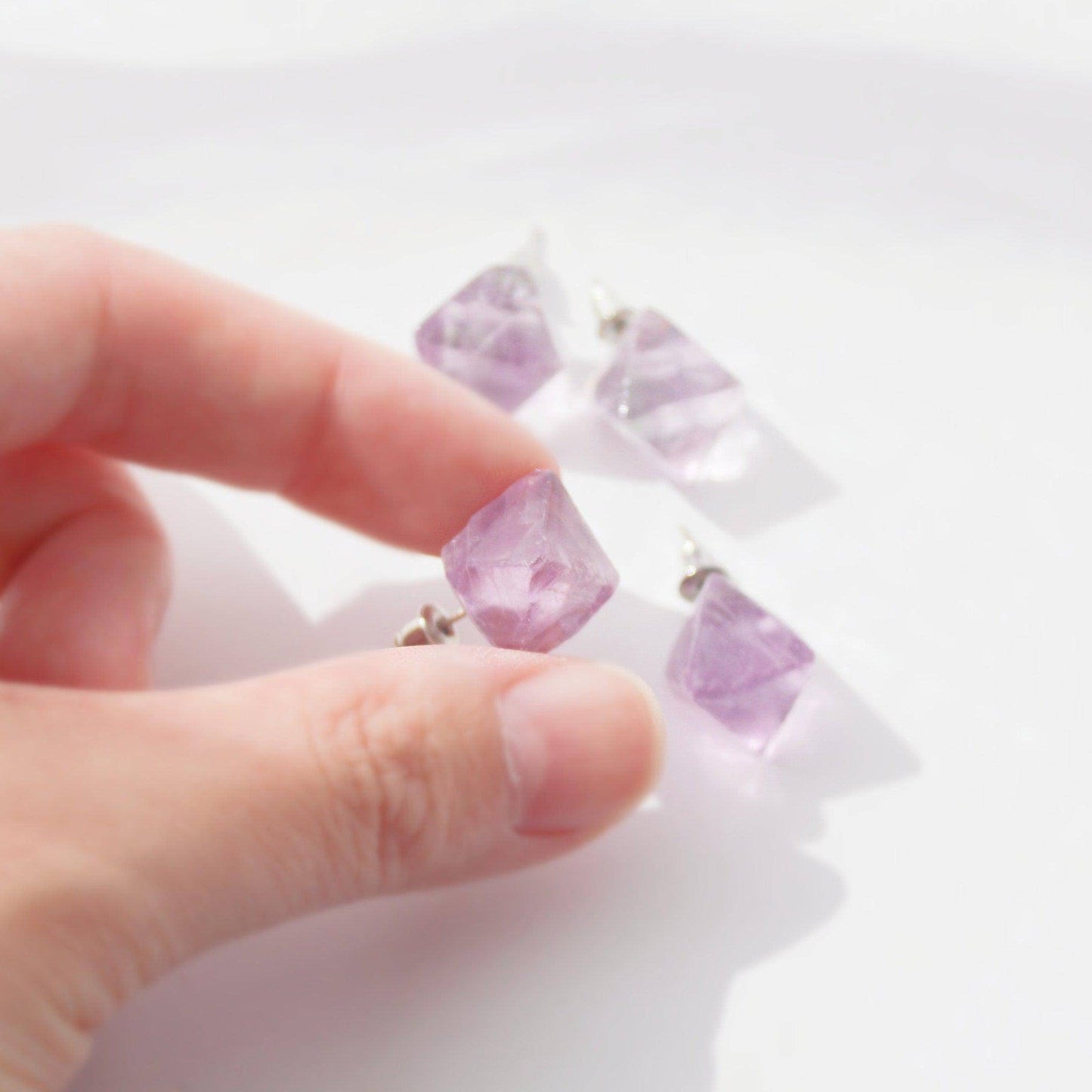 Purple Fluorite Raw Stone Earrings - Octahedral Shape Stone Stud Earrings-Ninaouity