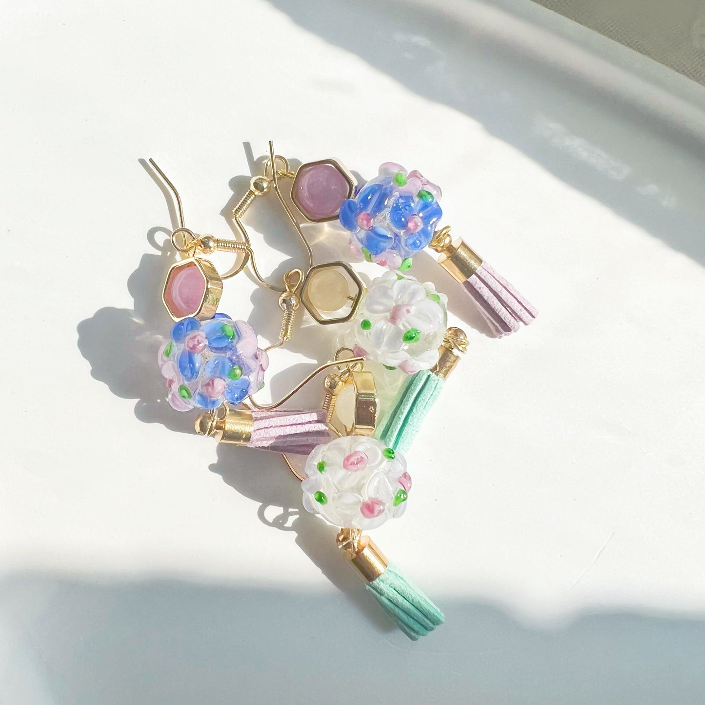 Purple Hydrangea Flower Craft Glass Globe with Amethyst Bead Earrings-Ninaouity