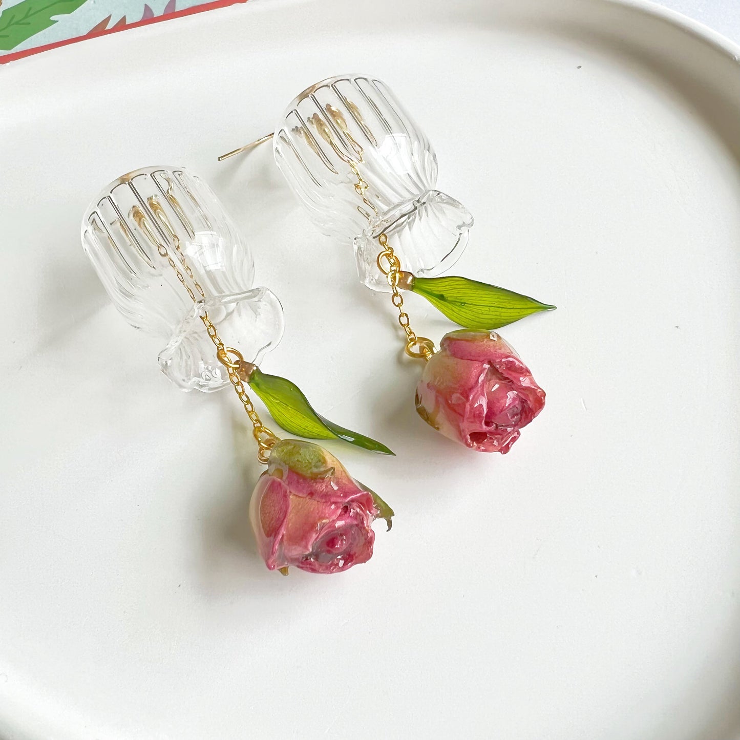 Purple Rose Flowers in Miniature Glass Vase Drop Earrings-Ninaouity