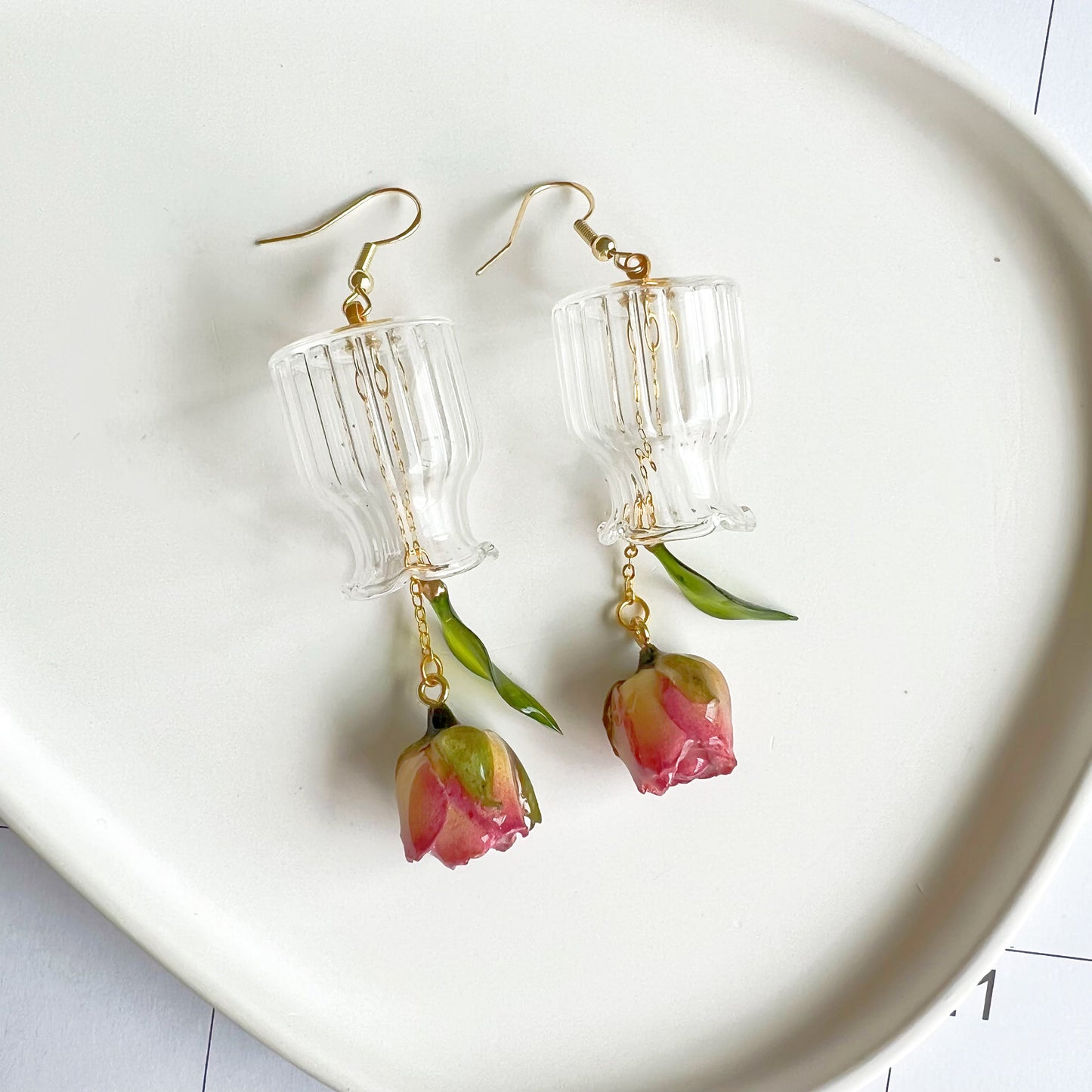 Purple Rose Flowers in Miniature Glass Vase Drop Earrings-Ninaouity
