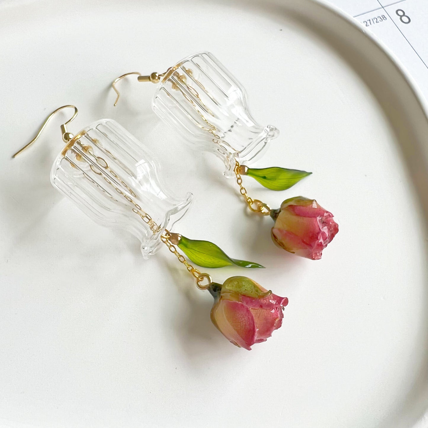 Purple Rose Flowers in Miniature Glass Vase Drop Earrings-Ninaouity