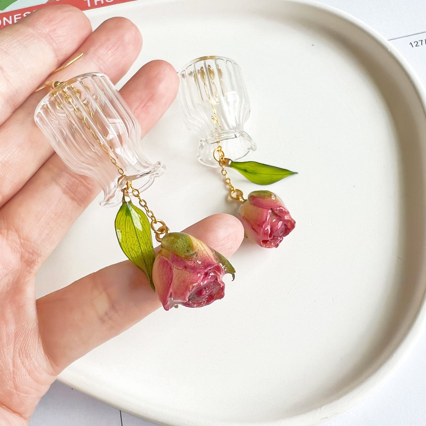 Purple Rose Flowers in Miniature Glass Vase Drop Earrings-Ninaouity