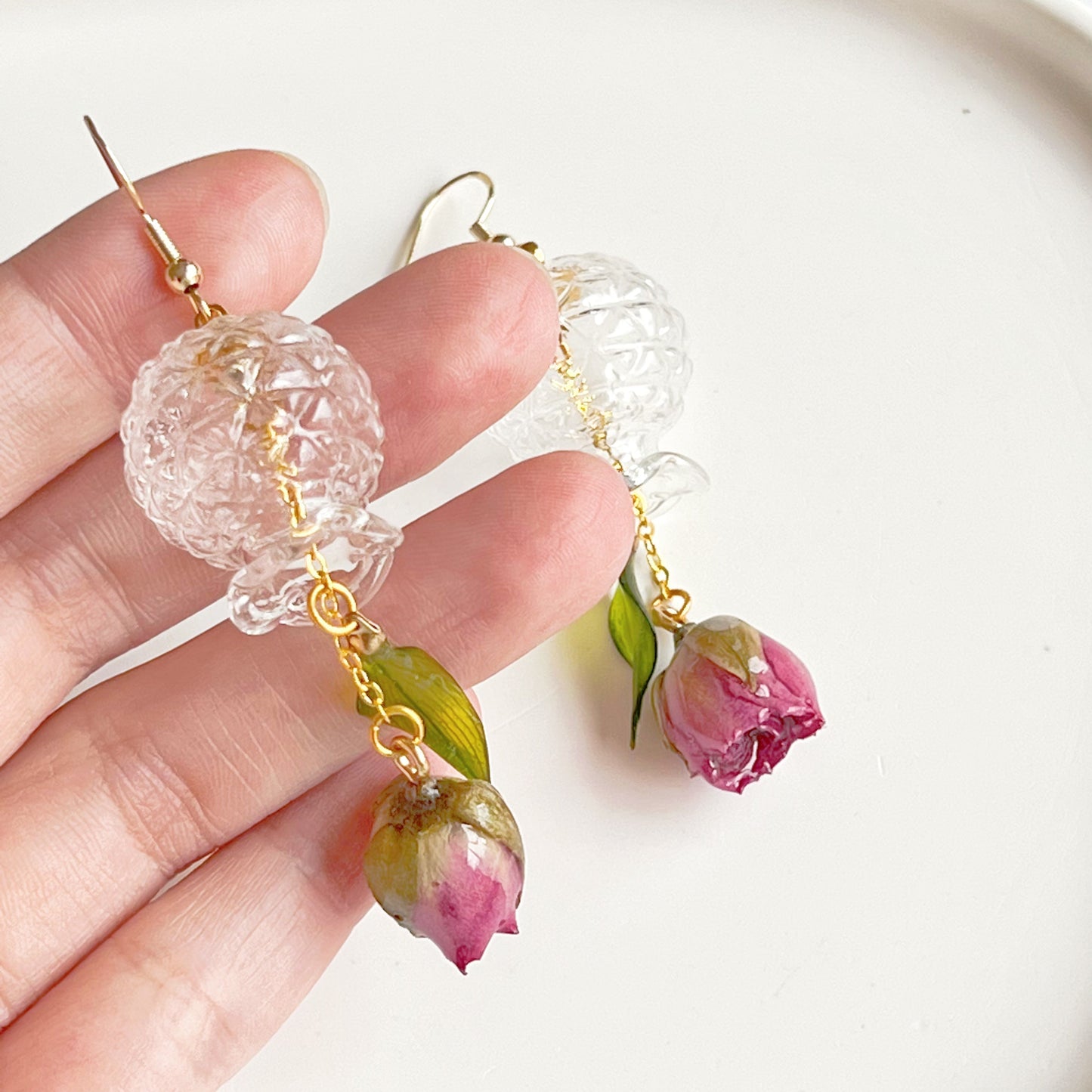 Purple Rose Flowers in Miniature Glass Vase Drop Earrings-Ninaouity