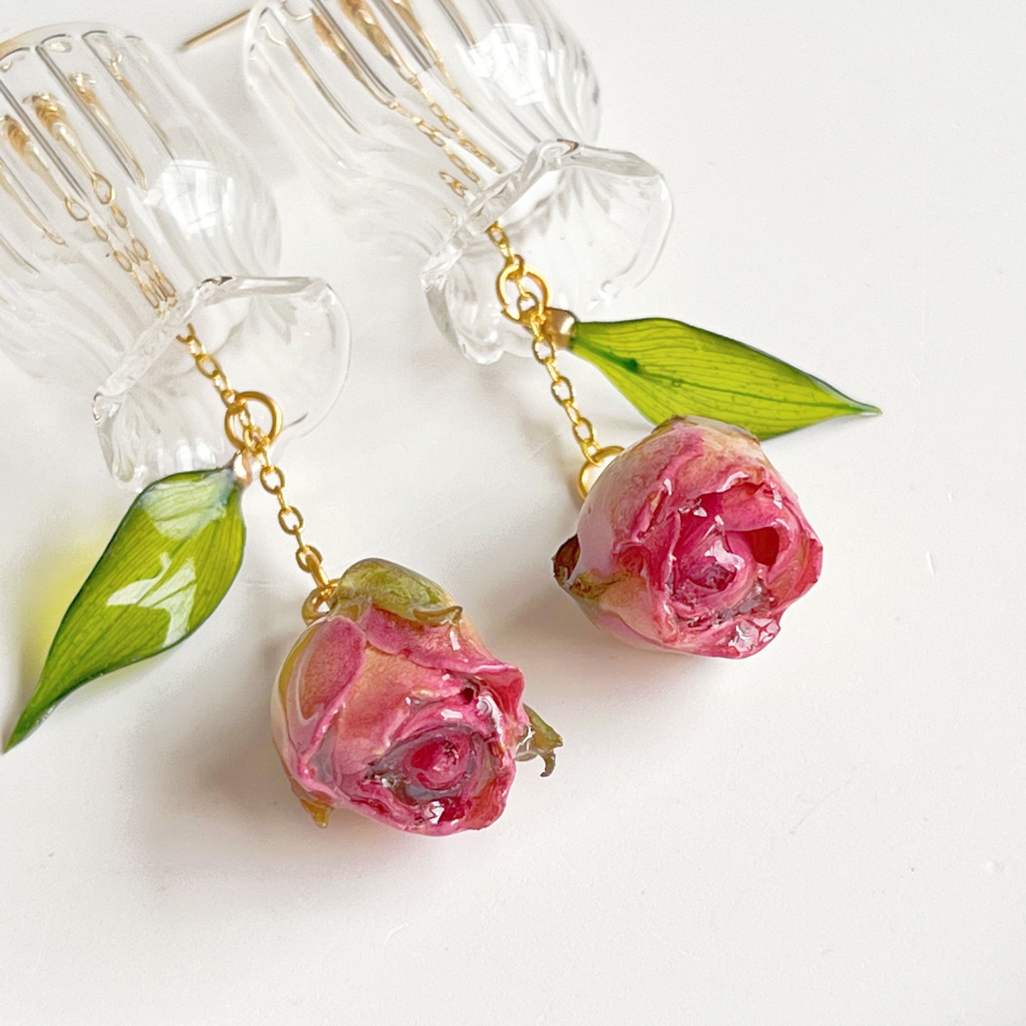 Purple Rose Flowers in Miniature Glass Vase Drop Earrings-Ninaouity