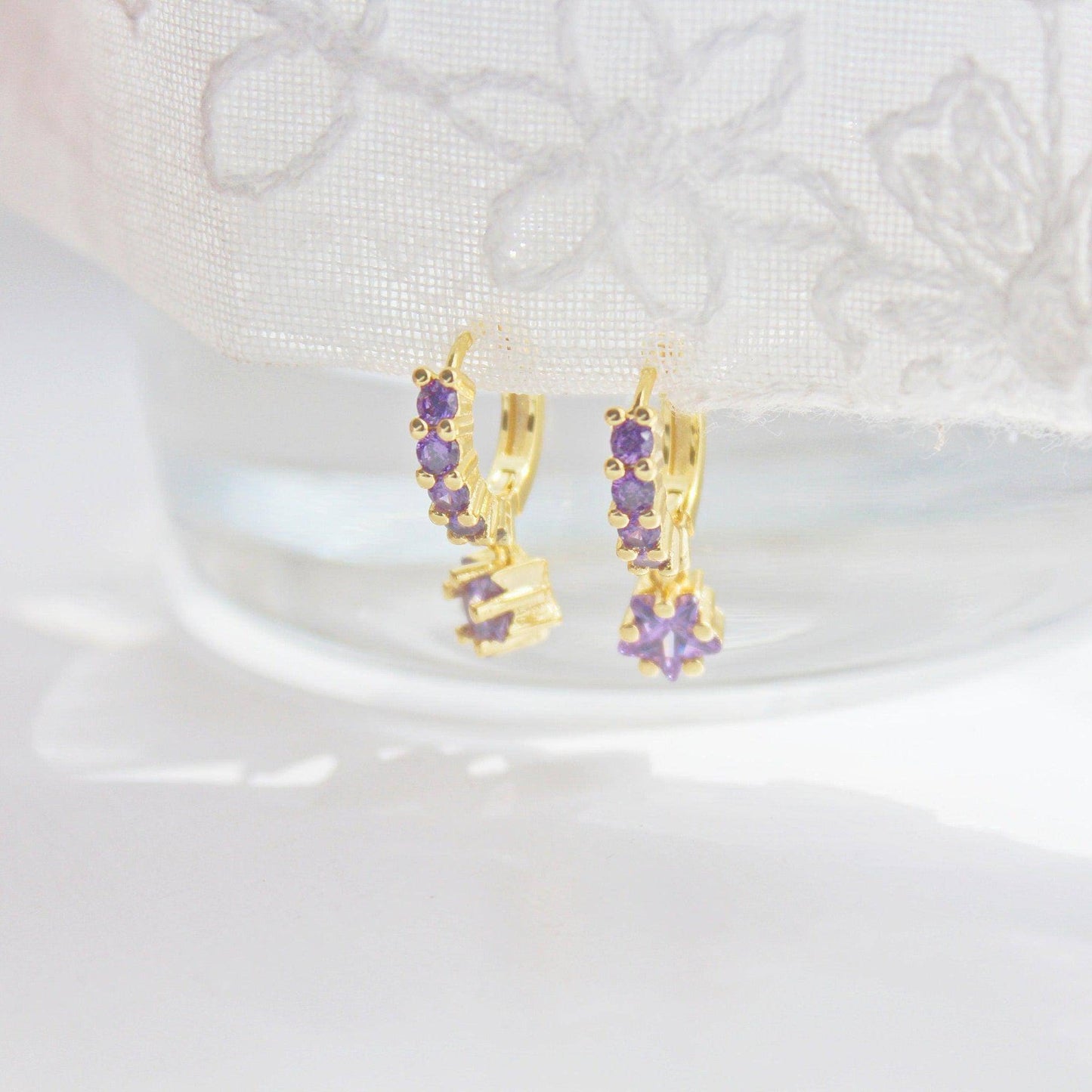 Purple Stars Hoop Earrings - Gold Hoop with Crystal Drop Earrings-Ninaouity