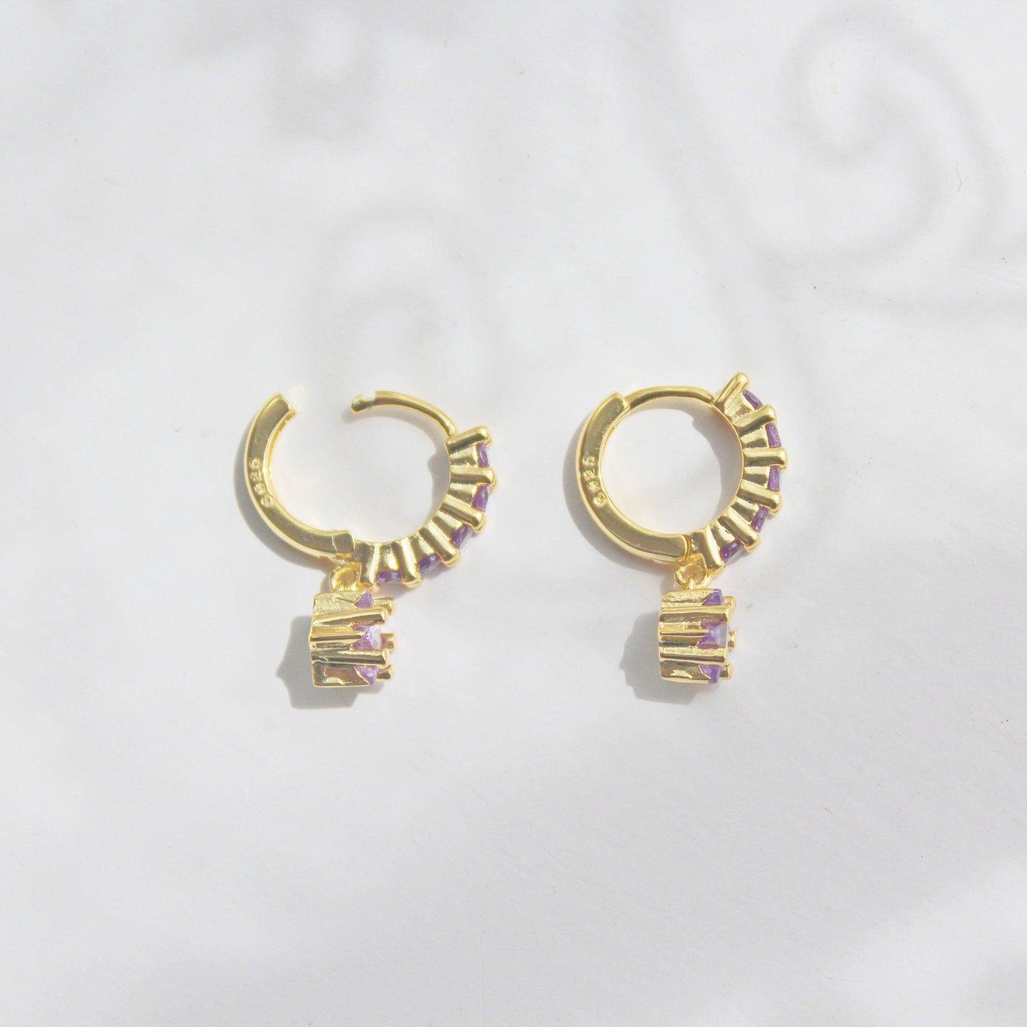 Purple Stars Hoop Earrings - Gold Hoop with Crystal Drop Earrings-Ninaouity