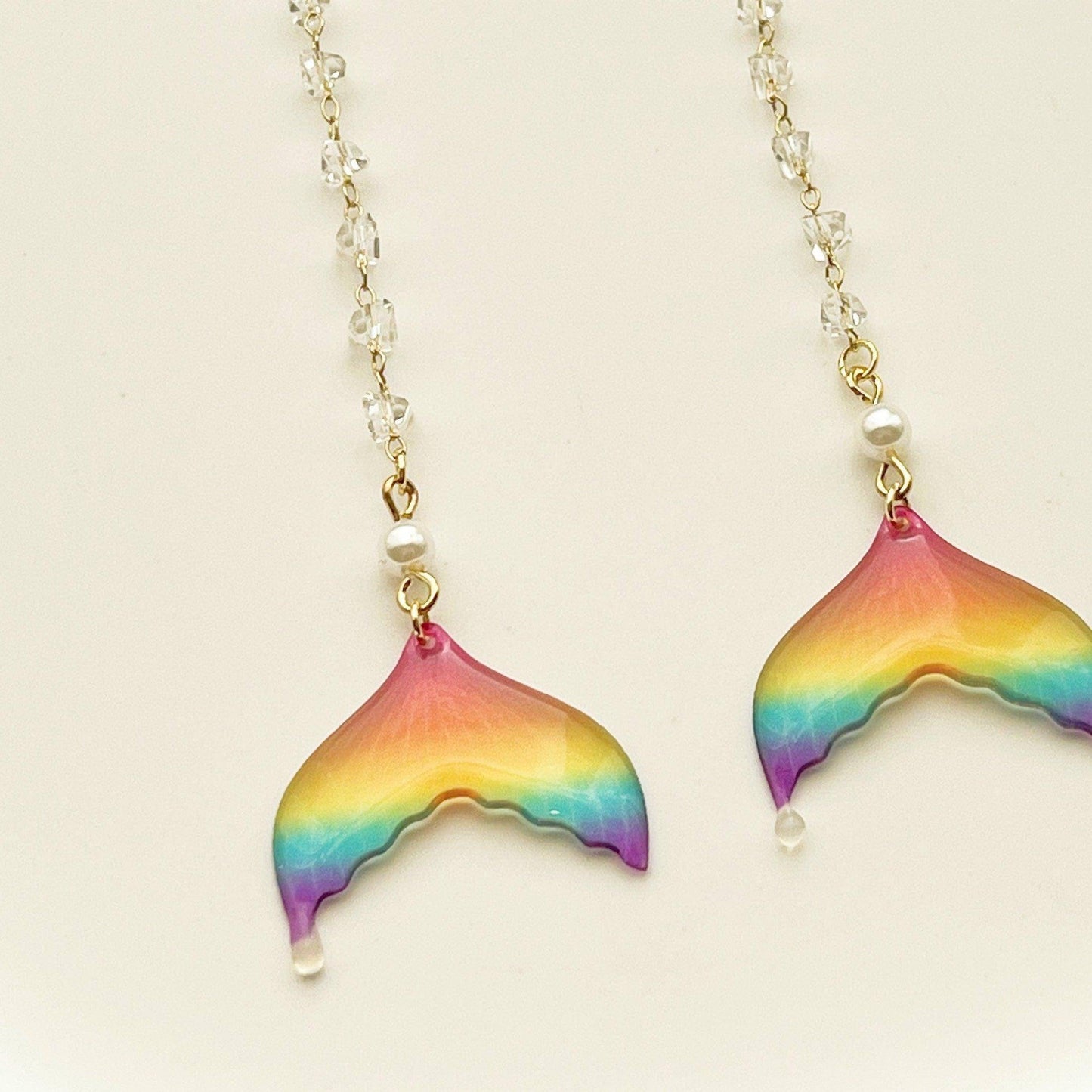 Rainbow Mermaid Tail Earrings - Gold Chain with Crystal Drop Earring-Ninaouity