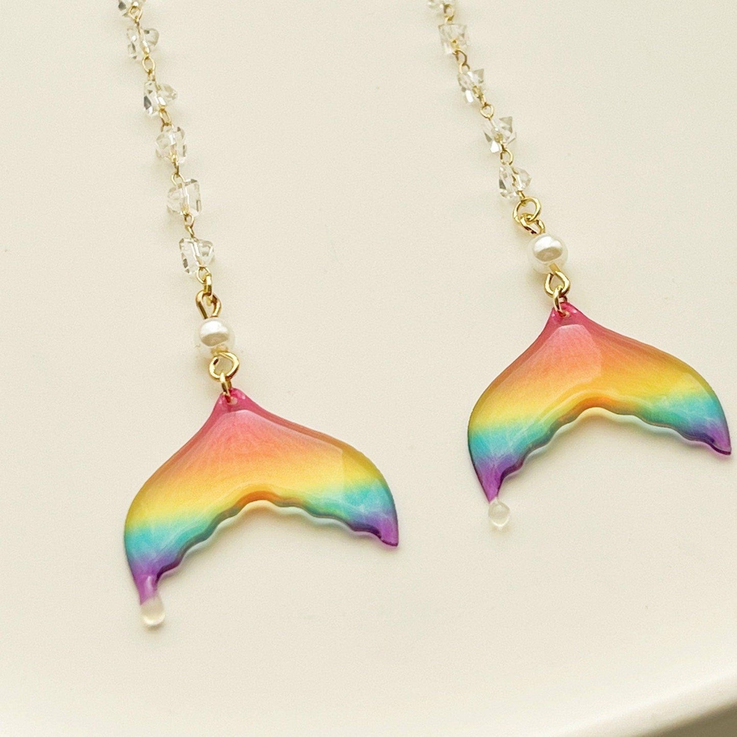 Rainbow Mermaid Tail Earrings - Gold Chain with Crystal Drop Earring-Ninaouity
