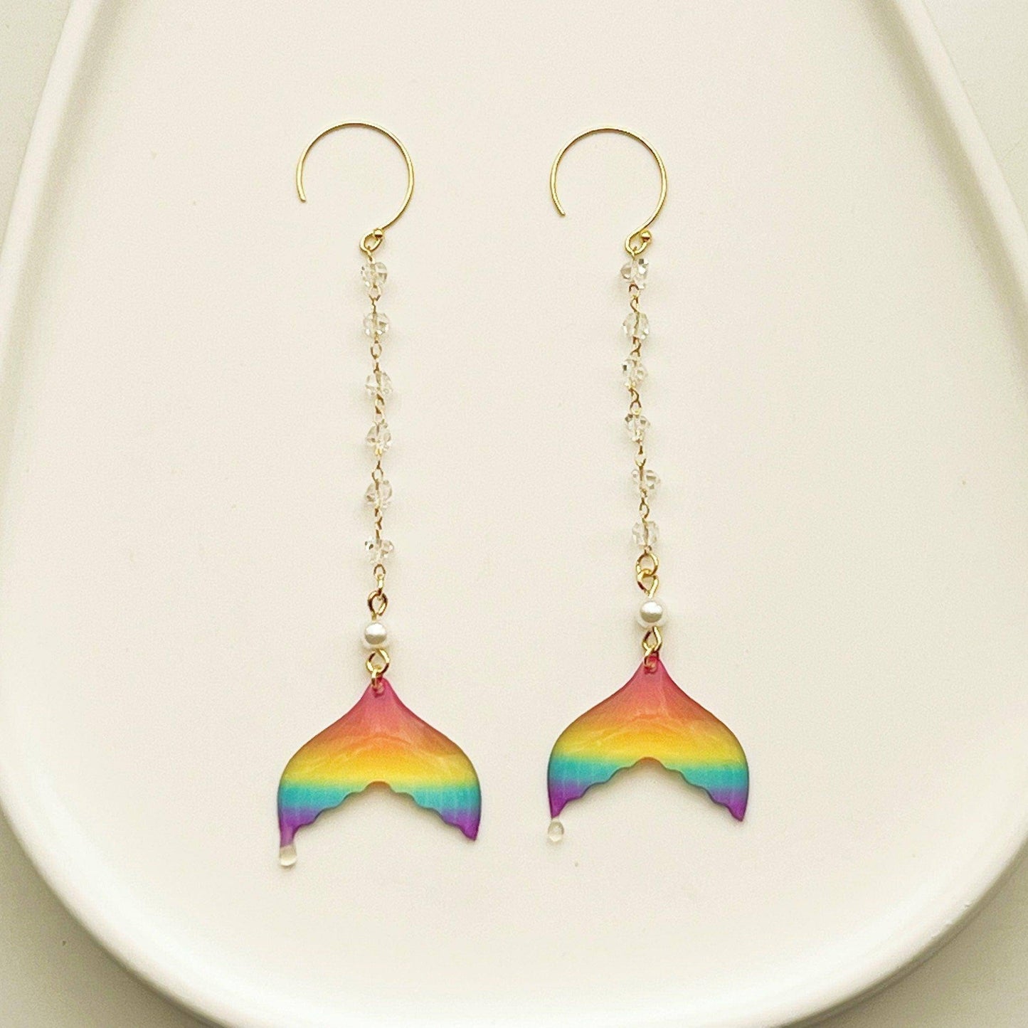 Rainbow Mermaid Tail Earrings - Gold Chain with Crystal Drop Earring-Ninaouity