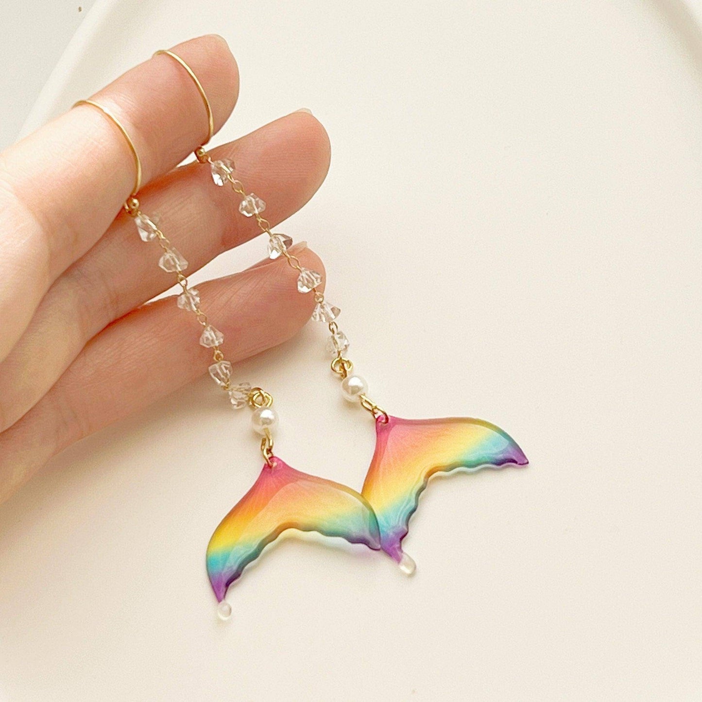 Rainbow Mermaid Tail Earrings - Gold Chain with Crystal Drop Earring-Ninaouity