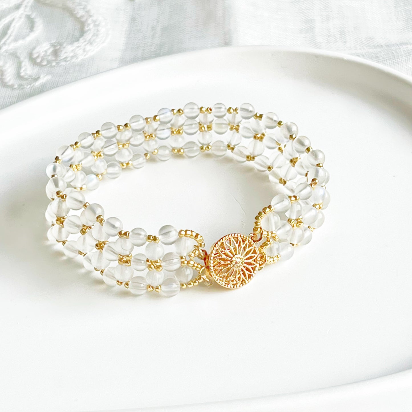 Rainbow Moonstone Beaded Woven Cuff Bracelet-Ninaouity