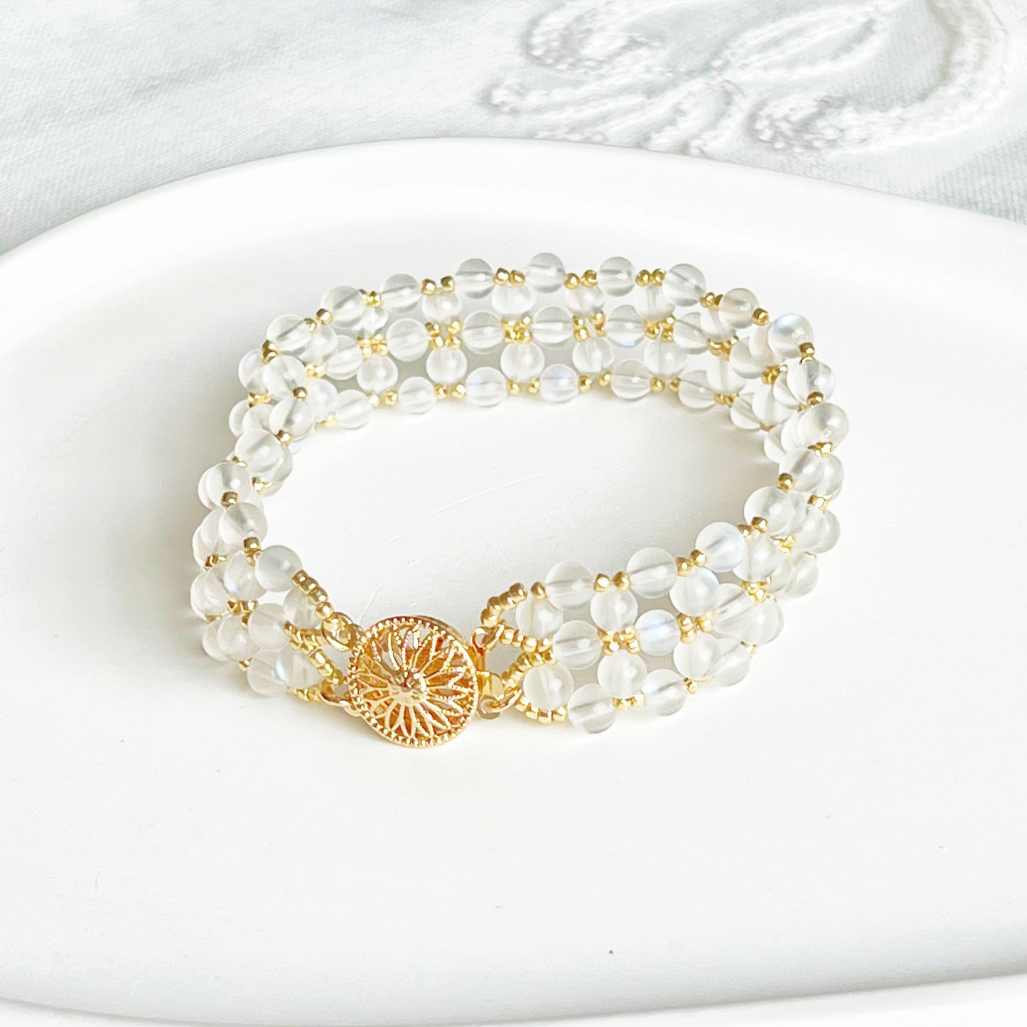 Rainbow Moonstone Beaded Woven Cuff Bracelet-Ninaouity