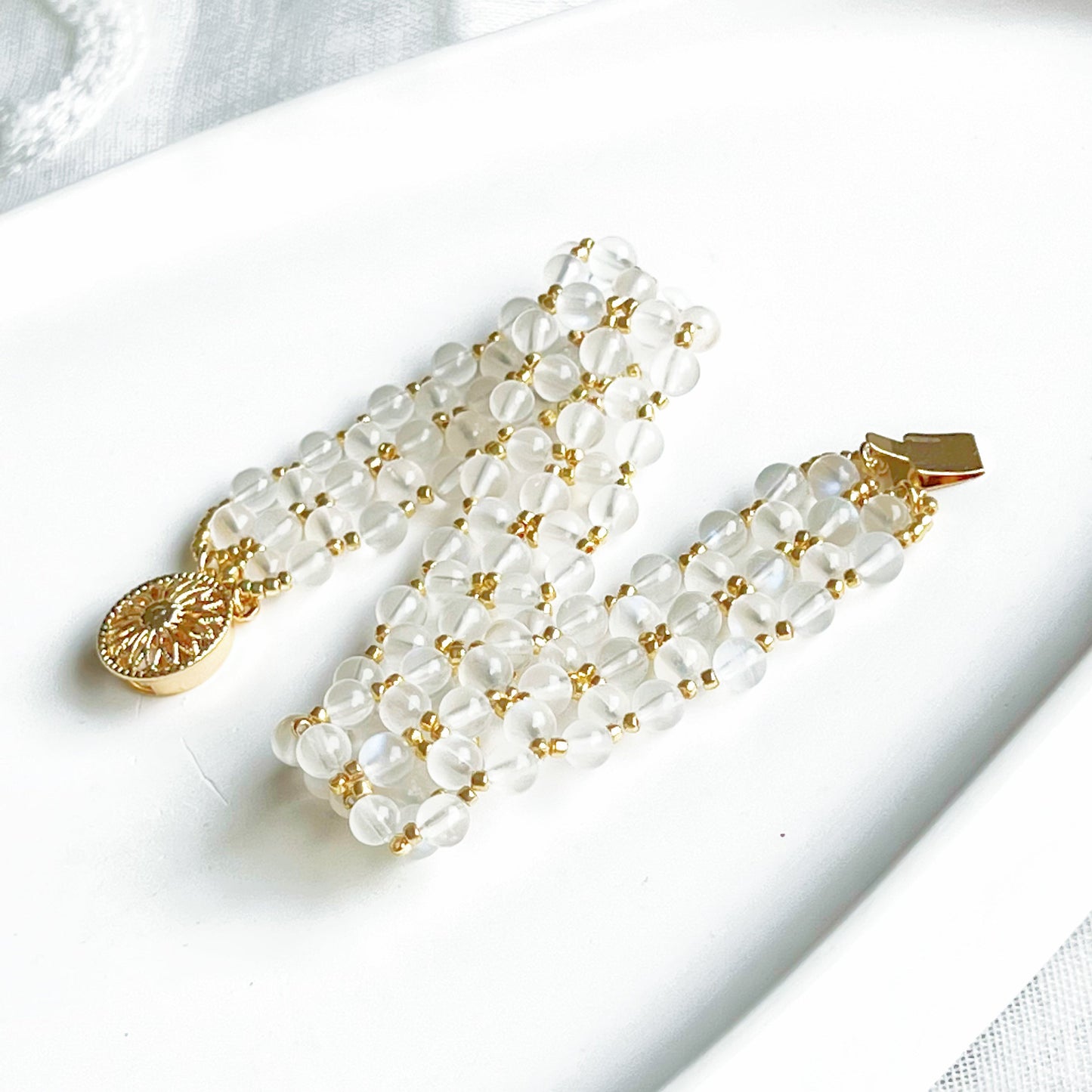 Rainbow Moonstone Beaded Woven Cuff Bracelet-Ninaouity