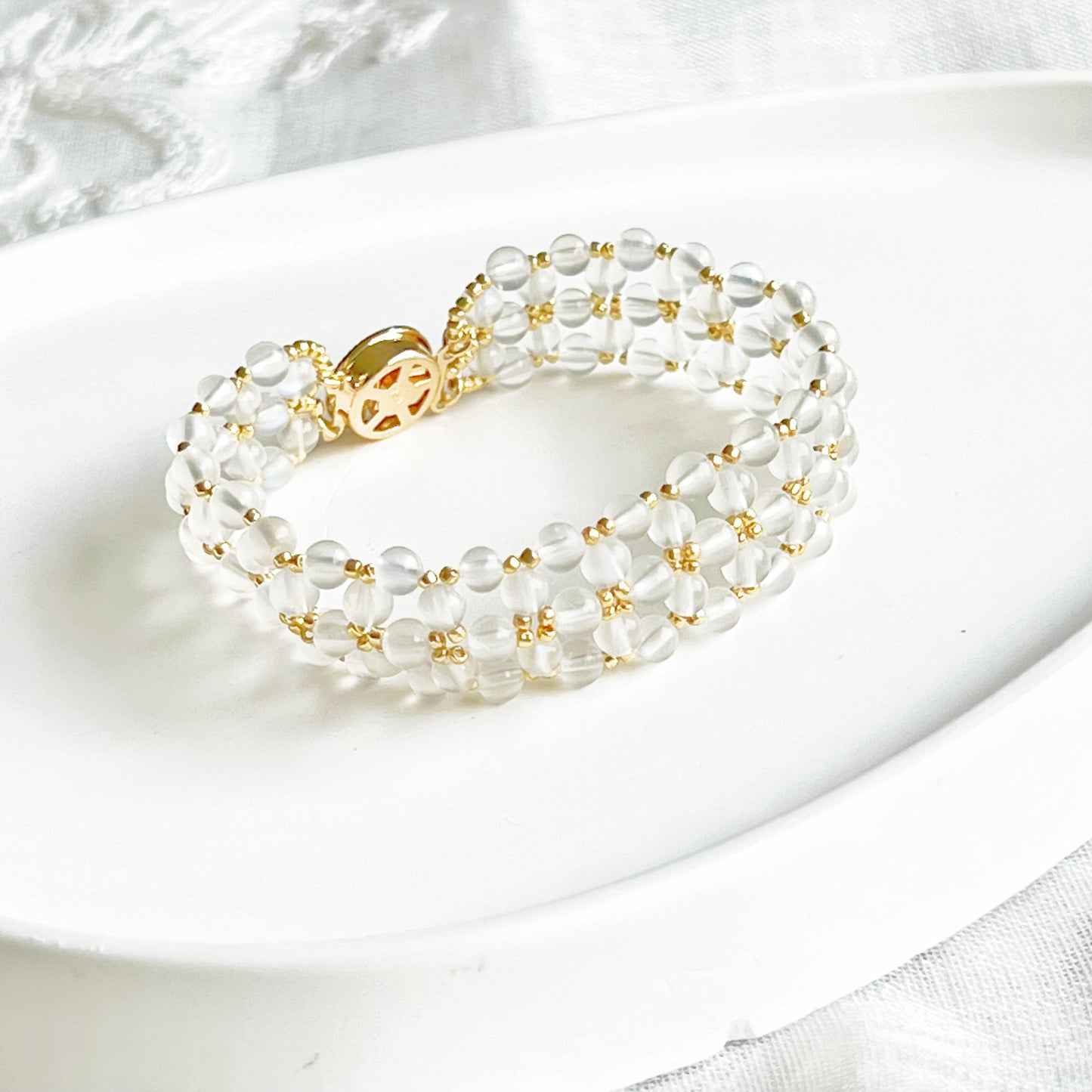 Rainbow Moonstone Beaded Woven Cuff Bracelet-Ninaouity