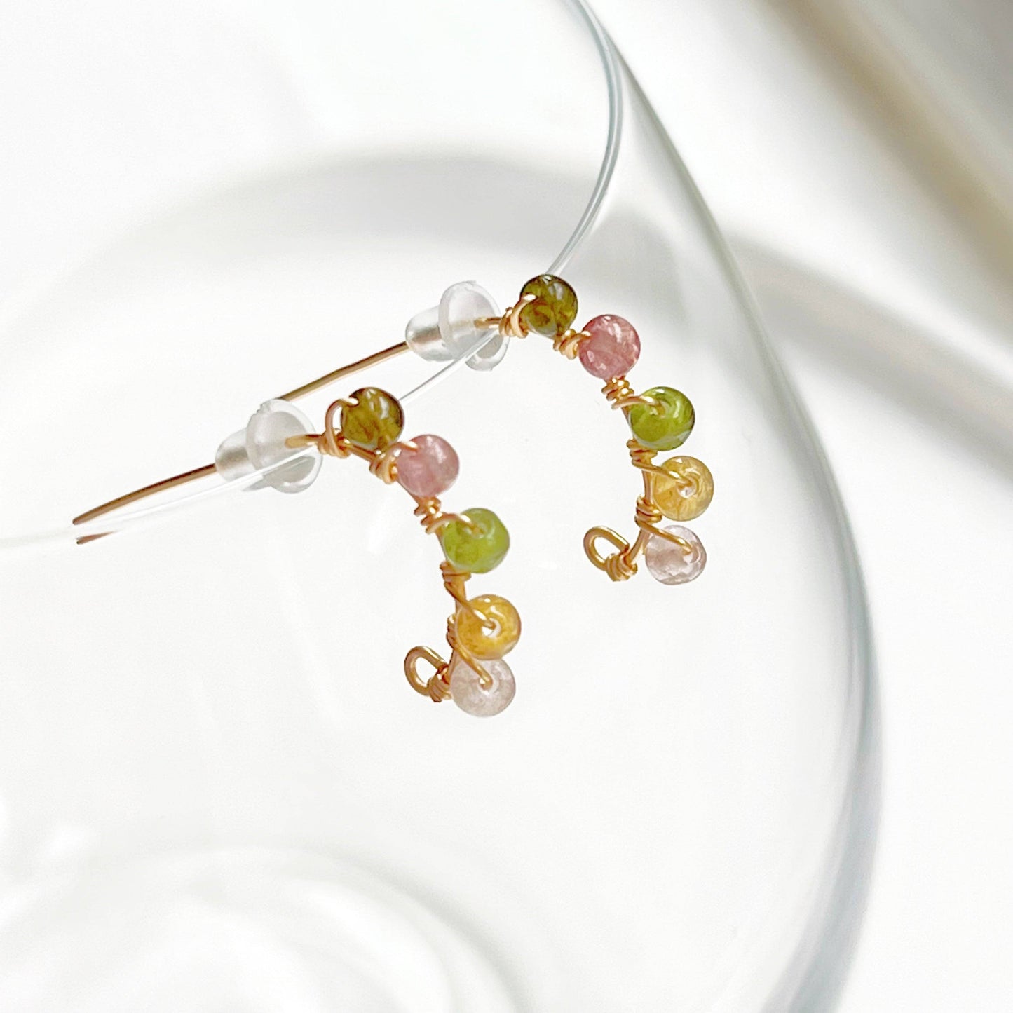 Rainbow Tourmaline Beaded Half Hoop Earrings - October Birthstone Gift-Ninaouity