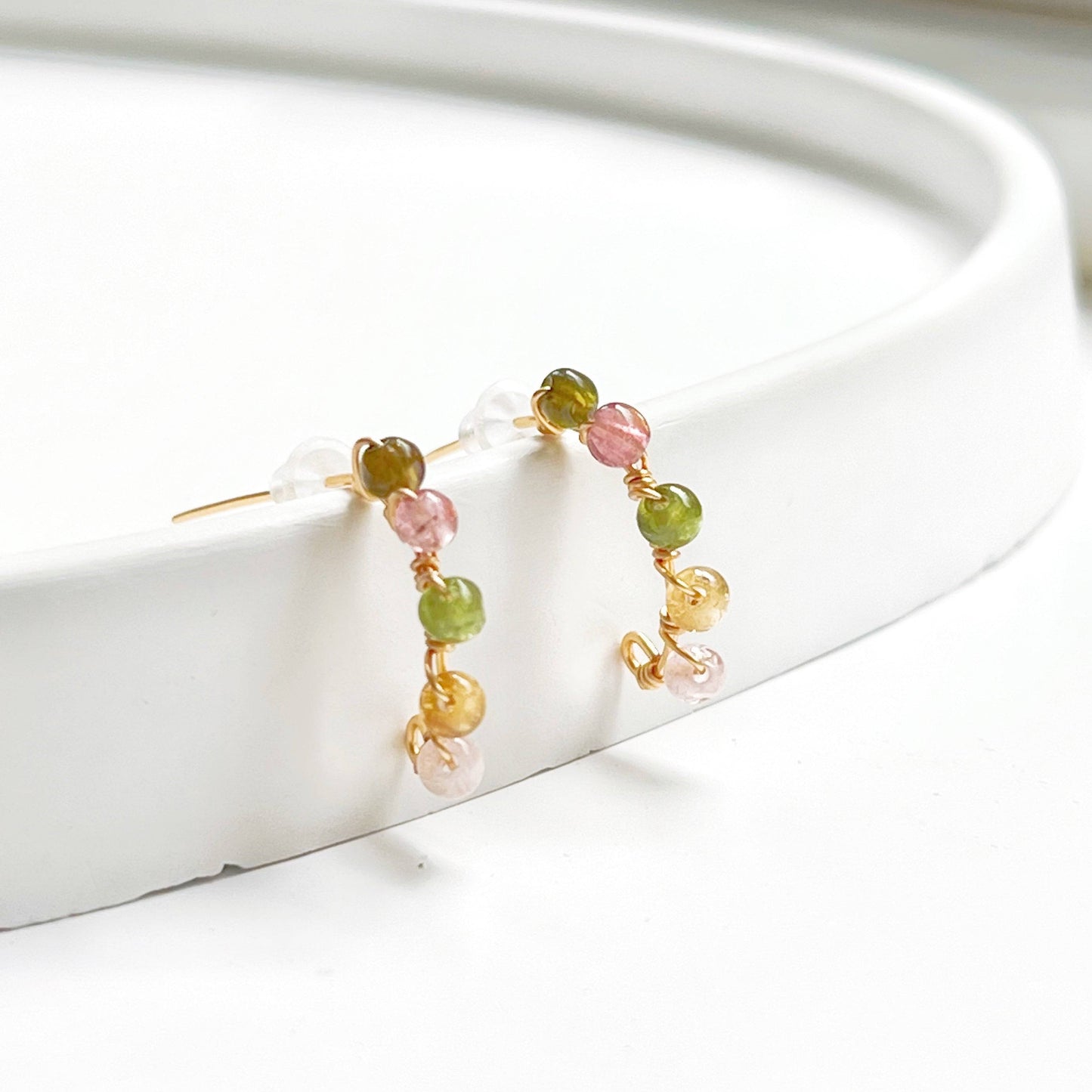 Rainbow Tourmaline Beaded Half Hoop Earrings - October Birthstone Gift-Ninaouity