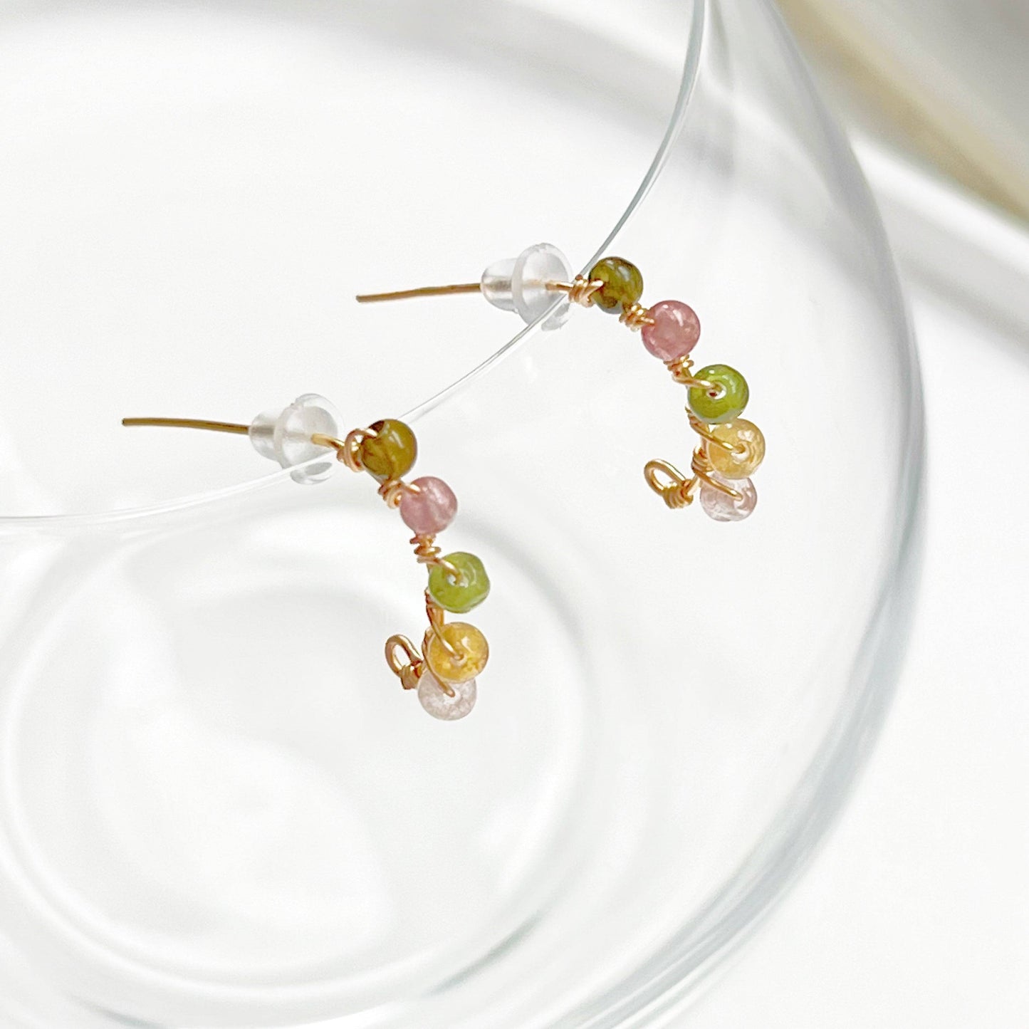 Rainbow Tourmaline Beaded Half Hoop Earrings - October Birthstone Gift-Ninaouity