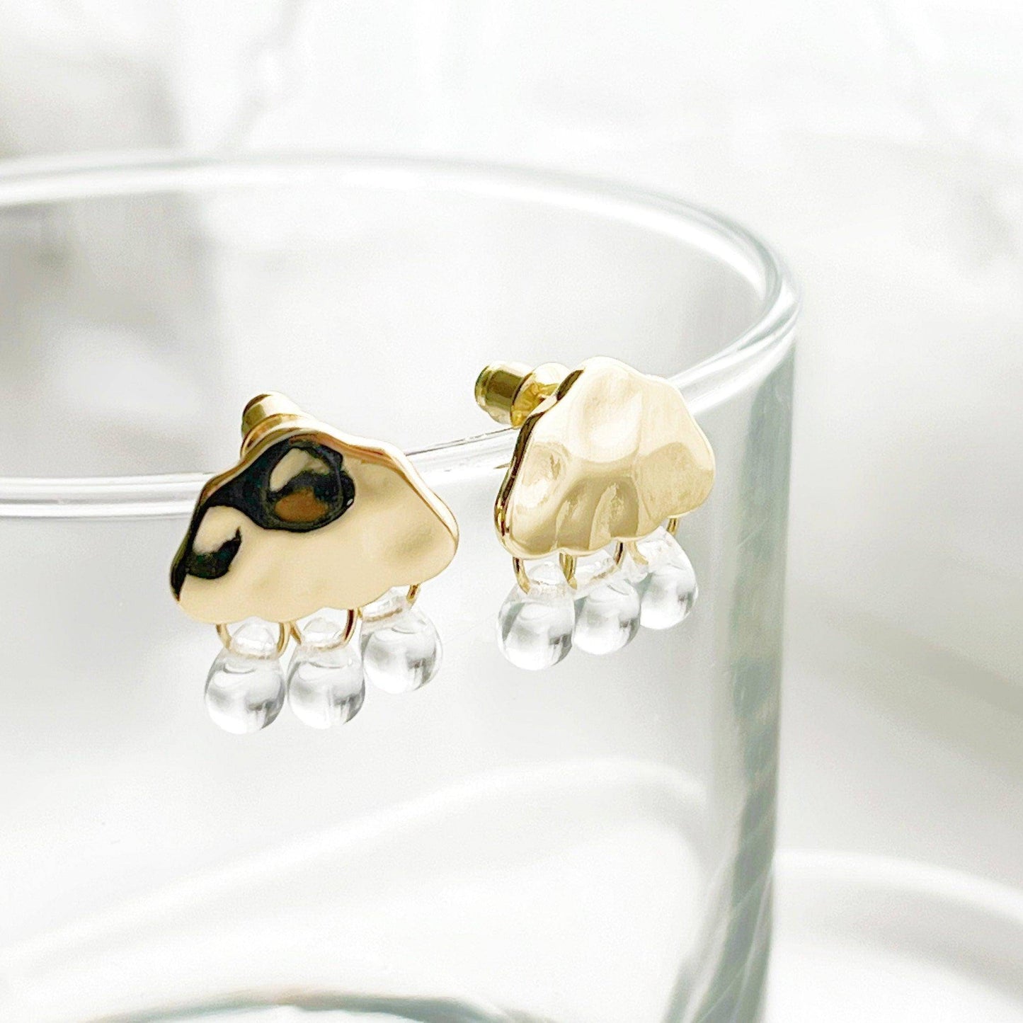 Raining Day Earrings - Gold Cloud and Crystal Rain Drop Stud Earrings-Ninaouity