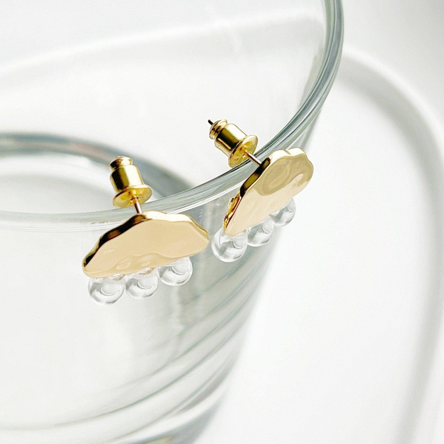 Raining Day Earrings - Gold Cloud and Crystal Rain Drop Stud Earrings-Ninaouity