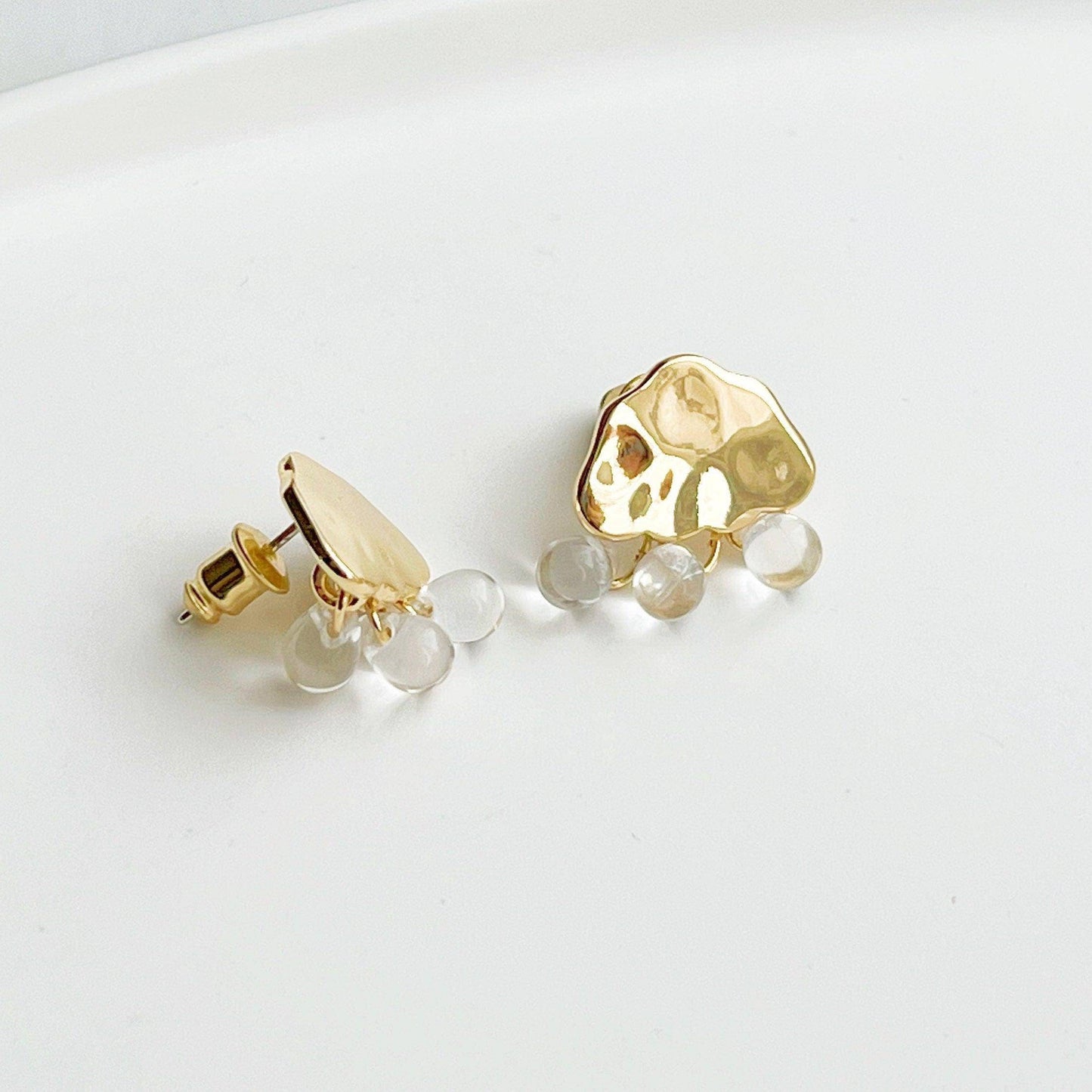 Raining Day Earrings - Gold Cloud and Crystal Rain Drop Stud Earrings-Ninaouity