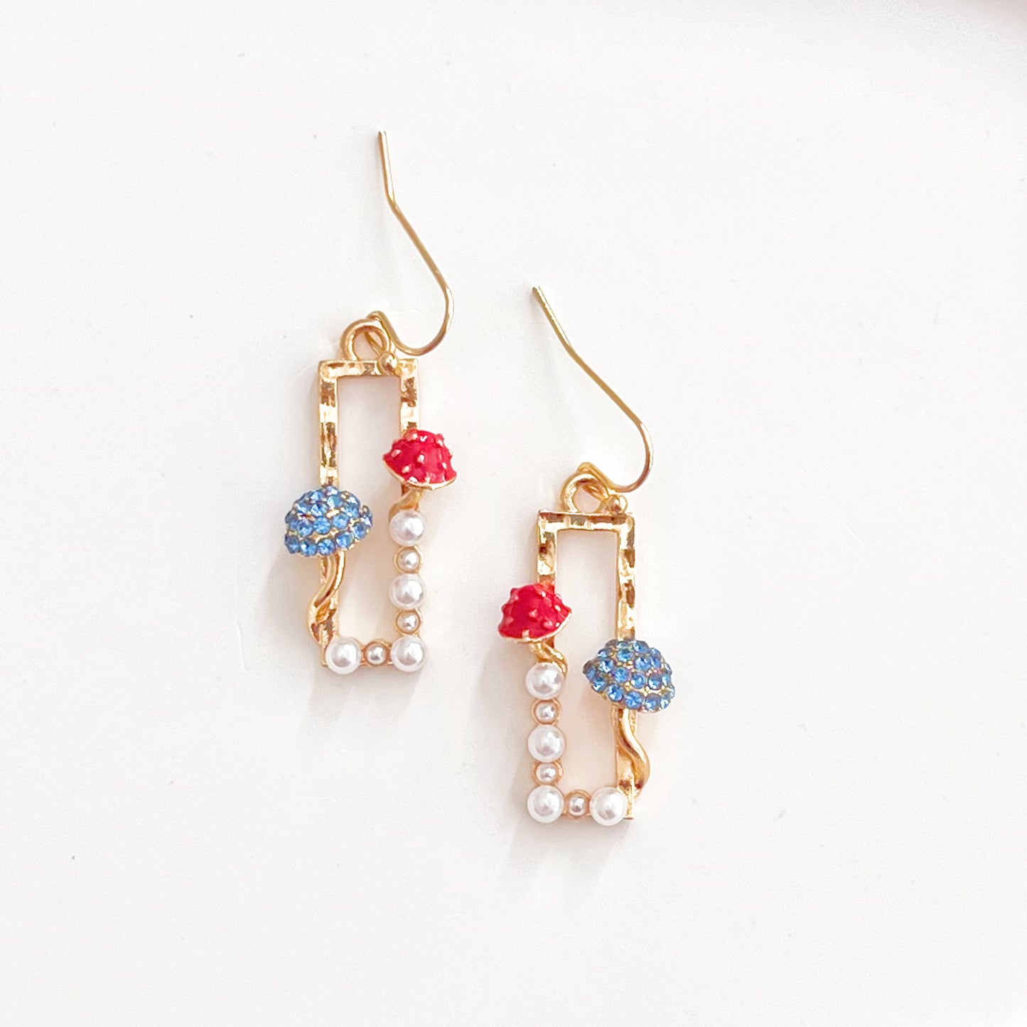 Red Fly Agaric and Blue Roundhead Mushroom Good Luck Drop Earrings-Ninaouity